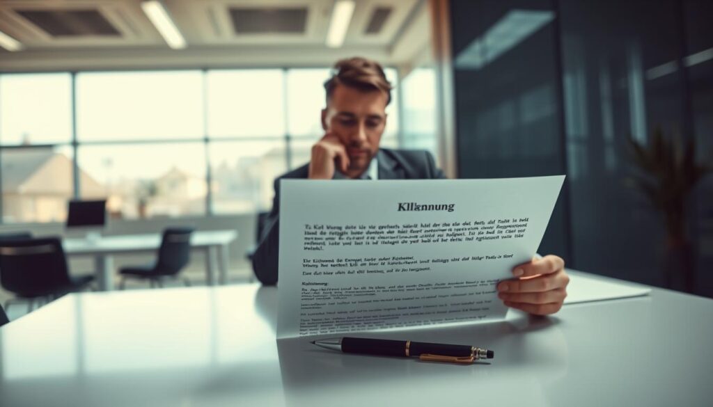 A professional individual sitting at a sleek, modern desk in an office setting, thoughtfully reviewing a formal letter of resignation labeled "Kündigung." In the foreground, the focus is on the letter, with a pen poised nearby, ready to revise. The middle layer features the person's contemplative expression, dressed in business attire, showcasing a moment of decision. The background reveals a bright office with soft natural light filtering through a large window, casting gentle shadows. The scene conveys a sense of hope and reflection, emphasizing the emotional weight of retracting a resignation. Shot on Sony A7R IV at 70mm, ensuring sharp detail and clarity with a polarized filter, creating a professional and polished atmosphere. A professional individual sitting at a sleek, modern desk in an office setting, thoughtfully reviewing a formal letter of resignation labeled "Kündigung." In the foreground, the focus is on the letter, with a pen poised nearby, ready to revise. The middle layer features the person's contemplative expression, dressed in business attire, showcasing a moment of decision. The background reveals a bright office with soft natural light filtering through a large window, casting gentle shadows. The scene conveys a sense of hope and reflection, emphasizing the emotional weight of retracting a resignation. Shot on Sony A7R IV at 70mm, ensuring sharp detail and clarity with a polarized filter, creating a professional and polished atmosphere.