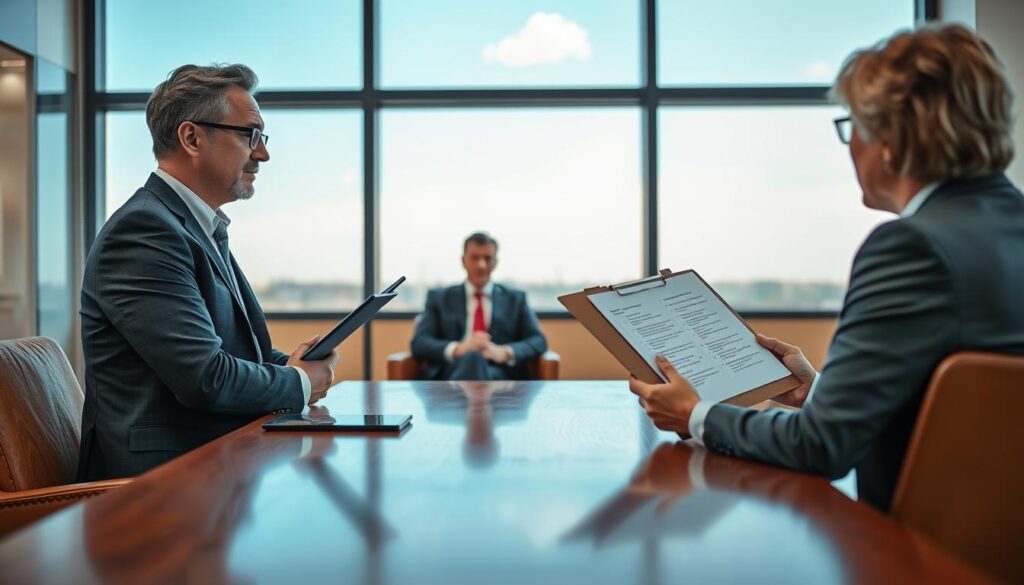 A professional interview scene set in a modern office environment, featuring a polished wooden table surrounded by comfortable chairs. In the foreground, a confident interviewer, dressed in business attire, is asking questions, holding a clipboard filled with common interview questions. In the middle ground, a poised candidate in formal business attire is sitting across from the interviewer, attentively listening and preparing to respond. The background displays a bright, well-lit office space with a large window showcasing a clear sky, providing an optimistic and professional mood. The image is captured with a Sony A7R IV at 70mm, ensuring a sharp focus on the subjects and a softly blurred background, enhanced by a polarized filter to offer rich colors and clear details. A professional interview scene set in a modern office environment, featuring a polished wooden table surrounded by comfortable chairs. In the foreground, a confident interviewer, dressed in business attire, is asking questions, holding a clipboard filled with common interview questions. In the middle ground, a poised candidate in formal business attire is sitting across from the interviewer, attentively listening and preparing to respond. The background displays a bright, well-lit office space with a large window showcasing a clear sky, providing an optimistic and professional mood. The image is captured with a Sony A7R IV at 70mm, ensuring a sharp focus on the subjects and a softly blurred background, enhanced by a polarized filter to offer rich colors and clear details.