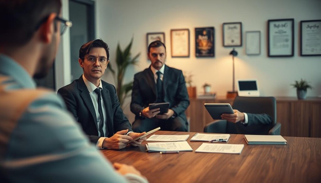 A professional job interview scene captured in a softly lit office setting. In the foreground, a formal interview setting features a well-dressed candidate in business attire, confidently answering questions with a focused expression. Opposite, a hiring manager in a tailored suit, listening attentively while taking notes on a tablet. In the middle ground, a sleek wooden desk with professional documents neatly arranged, adding context to the interview. The background reveals a modern office with subtle decorative elements, like a potted plant and framed certificates on the wall, to enhance the professional atmosphere. The image is shot with a Sony A7R IV at 70mm, using a polarized filter for clear focus and sharp details, evoking a mood of professionalism and confidence.