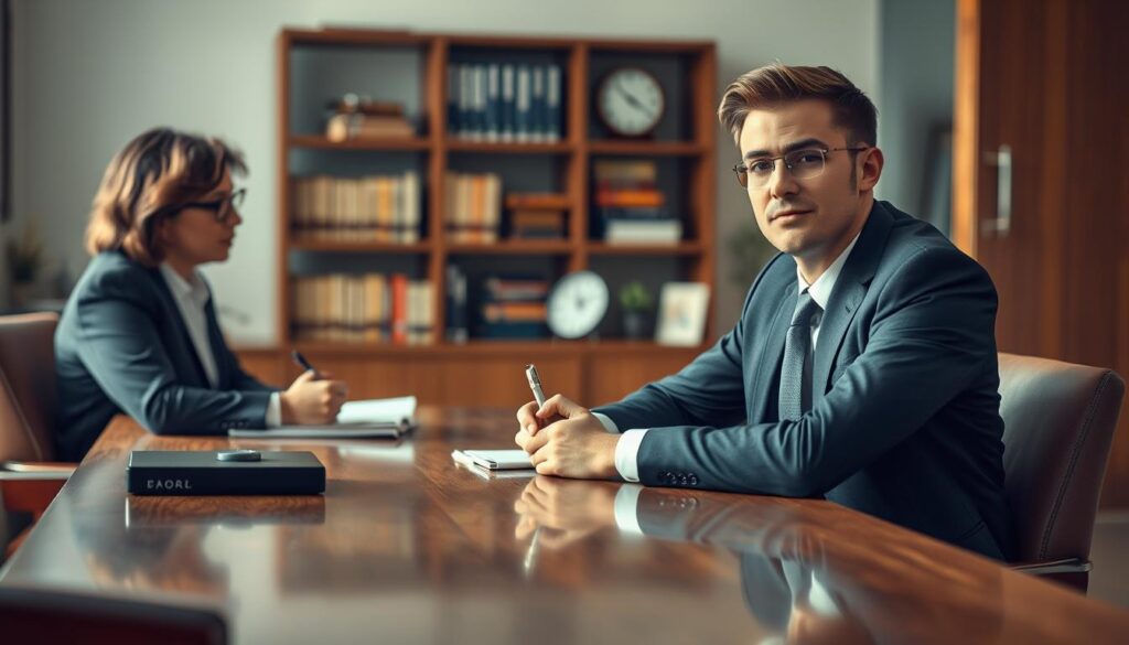 A professional job interview scene illustrating the concept of "weaknesses" in a candid and engaging manner. In the foreground, a well-dressed candidate, a young adult with a thoughtful expression, sits at a polished wooden table, facing an interviewer who takes notes. The interviewer, dressed in business attire, appears attentive yet challenging. In the middle background, a soft-focus display of books and a clock symbolize time management and preparation. The lighting is bright and natural, coming from a nearby window, enhancing the atmosphere of professionalism. The image is shot on a Sony A7R IV at 70mm, with a polarized filter for clarity, capturing every detail crisply. Aim for a serious yet optimistic mood, illustrating the importance of addressing weaknesses in the interview context.
