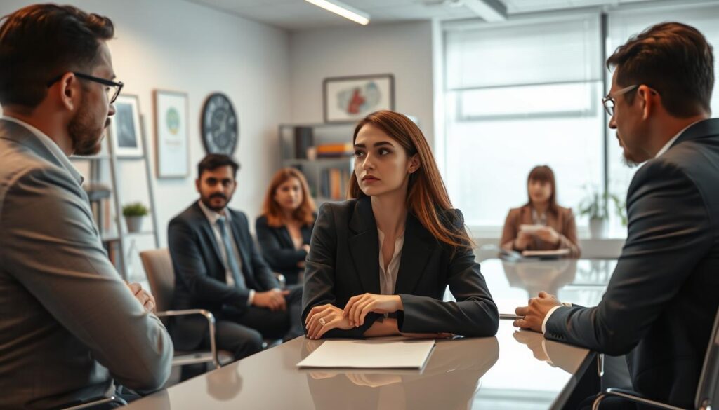 A professional job interview setting in a public service office, featuring a diverse panel of interviewers seated at a sleek table, engaged in serious discussion. The interviewers are dressed in formal business attire, exuding professionalism and confidence. In the foreground, a nervous candidate, a young woman in business attire, sits across from them, gazing attentively. The background shows a well-lit office with large windows, modern decorations, and a bookshelf filled with public service books. The lighting is bright but soft, enhancing the serious yet hopeful atmosphere. Captured with a Sony A7R IV at 70mm, the image is sharply defined with a polarized filter ensuring clarity and vivid colors, creating an immersive and focused scene. A professional job interview setting in a public service office, featuring a diverse panel of interviewers seated at a sleek table, engaged in serious discussion. The interviewers are dressed in formal business attire, exuding professionalism and confidence. In the foreground, a nervous candidate, a young woman in business attire, sits across from them, gazing attentively. The background shows a well-lit office with large windows, modern decorations, and a bookshelf filled with public service books. The lighting is bright but soft, enhancing the serious yet hopeful atmosphere. Captured with a Sony A7R IV at 70mm, the image is sharply defined with a polarized filter ensuring clarity and vivid colors, creating an immersive and focused scene.