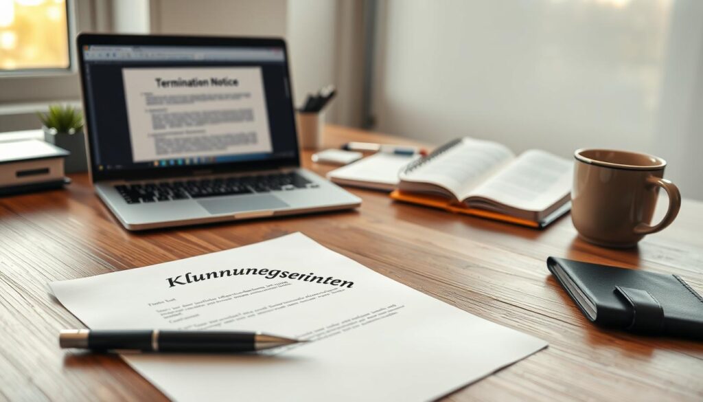 A professional office desk setting featuring a neatly arranged "Kündigungsschreiben" (termination letter) on high-quality paper, elegantly presented. The foreground showcases a well-designed letterhead with a formal layout. A pen rests beside the letter, emphasizing attention to detail. In the middle ground, there’s a modern laptop displaying an open Word document template related to termination notices, while a stylish notebook and a cup of coffee add a personal touch. The background includes a softly blurred window with natural light streaming in, creating a bright and inviting atmosphere. The image captures a sense of professionalism and clarity, shot on a Sony A7R IV with a 70mm lens, sharply focused, using a polarized filter to enhance the colors.