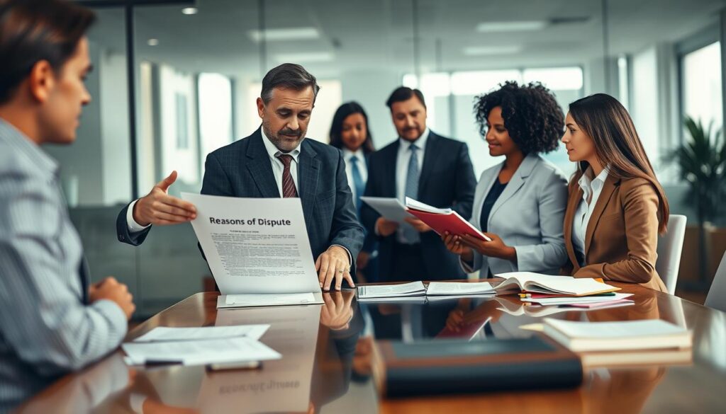A professional office environment depicting a diverse group of individuals engaged in a serious discussion about termination disputes. In the foreground, a middle-aged professional man in a tailored suit gestures towards a document titled "Reasons for Dispute," while a young Caucasian woman in a business attire listens intently, taking notes. In the middle, a polished conference table holds various documents, including employment contracts and legal books. The background features a modern office with glass walls, soft natural light filtering in, creating a calm yet focused atmosphere. The scene is shot with a Sony A7R IV at 70mm, clearly focused on the participants, sharply defined with a polarized filter to enhance visibility and richness in color. A professional office environment depicting a diverse group of individuals engaged in a serious discussion about termination disputes. In the foreground, a middle-aged professional man in a tailored suit gestures towards a document titled "Reasons for Dispute," while a young Caucasian woman in a business attire listens intently, taking notes. In the middle, a polished conference table holds various documents, including employment contracts and legal books. The background features a modern office with glass walls, soft natural light filtering in, creating a calm yet focused atmosphere. The scene is shot with a Sony A7R IV at 70mm, clearly focused on the participants, sharply defined with a polarized filter to enhance visibility and richness in color.