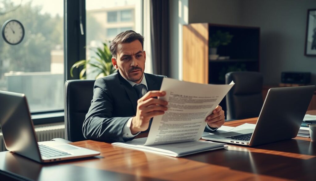 A professional office environment featuring a serious male employee in business attire, sitting at a sleek wooden desk cluttered with a laptop and important documents. He looks contemplative, with a furrowed brow, as he holds a formal letter of termination in his hand. The background includes a large window with natural light streaming in, casting soft shadows across the room. A small potted plant adds a touch of green to the scene. The atmosphere is tense yet contemplative, reflecting the gravity of a sudden job termination. Shot on a Sony A7R IV at 70mm, with a polarized filter for clarity and depth, ensuring every detail is sharply defined and focused. A professional office environment featuring a serious male employee in business attire, sitting at a sleek wooden desk cluttered with a laptop and important documents. He looks contemplative, with a furrowed brow, as he holds a formal letter of termination in his hand. The background includes a large window with natural light streaming in, casting soft shadows across the room. A small potted plant adds a touch of green to the scene. The atmosphere is tense yet contemplative, reflecting the gravity of a sudden job termination. Shot on a Sony A7R IV at 70mm, with a polarized filter for clarity and depth, ensuring every detail is sharply defined and focused.