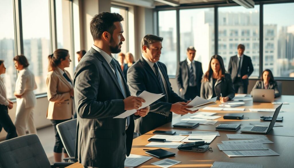 A professional office environment showcasing a diverse group of employees, reflecting a serious yet hopeful atmosphere around the concept of severance pay due to economic layoffs. In the foreground, a man in a tailored suit discusses documents with a woman in a smart blouse, both looking contemplative. The middle ground features a large conference table scattered with papers, calculators, and a laptop. In the background, large windows allow soft, natural light to filter in, casting gentle shadows and creating a warm ambiance. The scene is captured with a Sony A7R IV at 70mm, ensuring clear focus and sharp definition, while a polarized filter enhances the depth and vibrancy of colors, emphasizing the importance of the discussion. A professional office environment showcasing a diverse group of employees, reflecting a serious yet hopeful atmosphere around the concept of severance pay due to economic layoffs. In the foreground, a man in a tailored suit discusses documents with a woman in a smart blouse, both looking contemplative. The middle ground features a large conference table scattered with papers, calculators, and a laptop. In the background, large windows allow soft, natural light to filter in, casting gentle shadows and creating a warm ambiance. The scene is captured with a Sony A7R IV at 70mm, ensuring clear focus and sharp definition, while a polarized filter enhances the depth and vibrancy of colors, emphasizing the importance of the discussion.