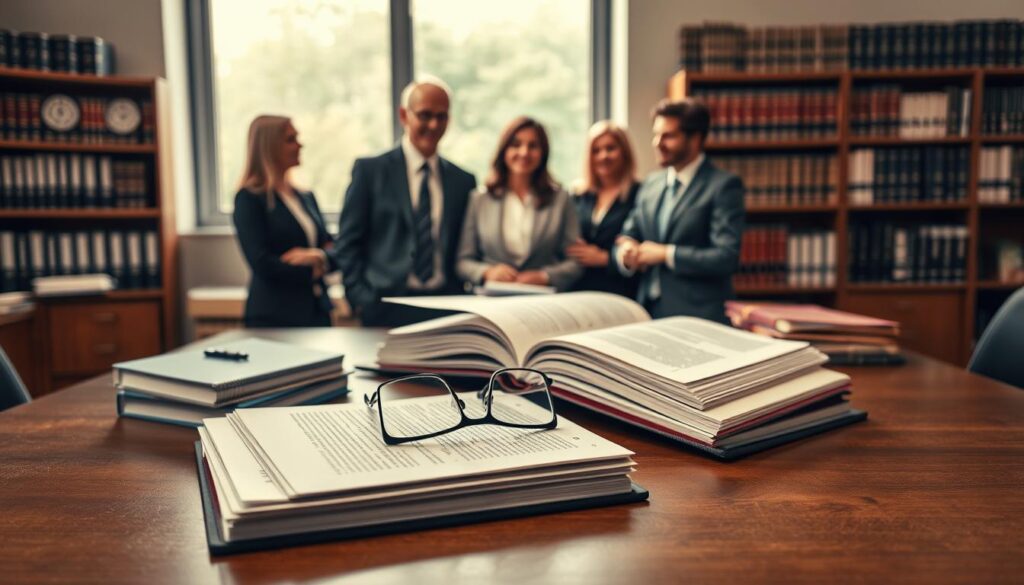A professional office environment showcasing legal documents and books related to "Beamtenrecht" (civil servant law). In the foreground, a polished wooden desk filled with neatly stacked legal texts and an open binder, with a pair of reading glasses resting on top. In the middle ground, a diverse group of three individuals in professional business attire engage in discussion, with expressions of concentration and determination. The background features a shelf filled with legal reference books and a large window letting in soft, natural light, creating a warm and inviting atmosphere. Shot on a Sony A7R IV at 70mm, clear focus, with a polarized filter for vibrant colors and sharp details, emphasizing a serious yet hopeful mood. A professional office environment showcasing legal documents and books related to "Beamtenrecht" (civil servant law). In the foreground, a polished wooden desk filled with neatly stacked legal texts and an open binder, with a pair of reading glasses resting on top. In the middle ground, a diverse group of three individuals in professional business attire engage in discussion, with expressions of concentration and determination. The background features a shelf filled with legal reference books and a large window letting in soft, natural light, creating a warm and inviting atmosphere. Shot on a Sony A7R IV at 70mm, clear focus, with a polarized filter for vibrant colors and sharp details, emphasizing a serious yet hopeful mood.