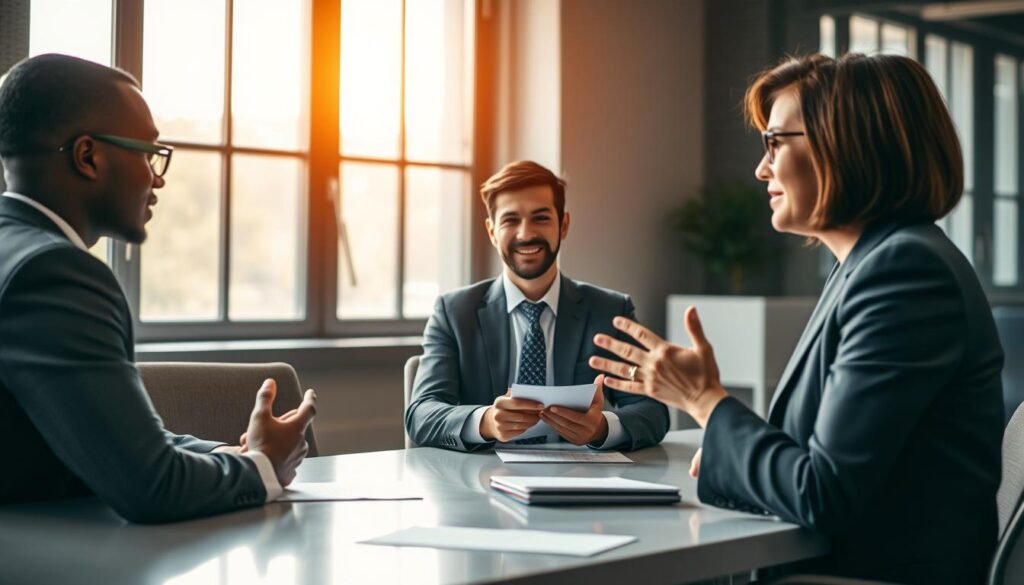 A professional office environment, with a diverse group of three individuals seated around a conference table, engaged in a positive discussion about personal growth and strengths derived from weaknesses. In the foreground, one person, a middle-aged woman in a smart business suit, gestures confidently while sharing her experiences. In the middle ground, a young man in professional attire nods in understanding, taking notes on a notepad. The background showcases a large window with soft, warm light streaming in, creating an uplifting atmosphere. The scene is captured with a Sony A7R IV at 70mm, producing a clearly focused and sharply defined image, accentuated with a polarized filter to enhance color vibrancy. The overall mood is encouraging and supportive, reflecting the theme of personal development and constructive dialogue.