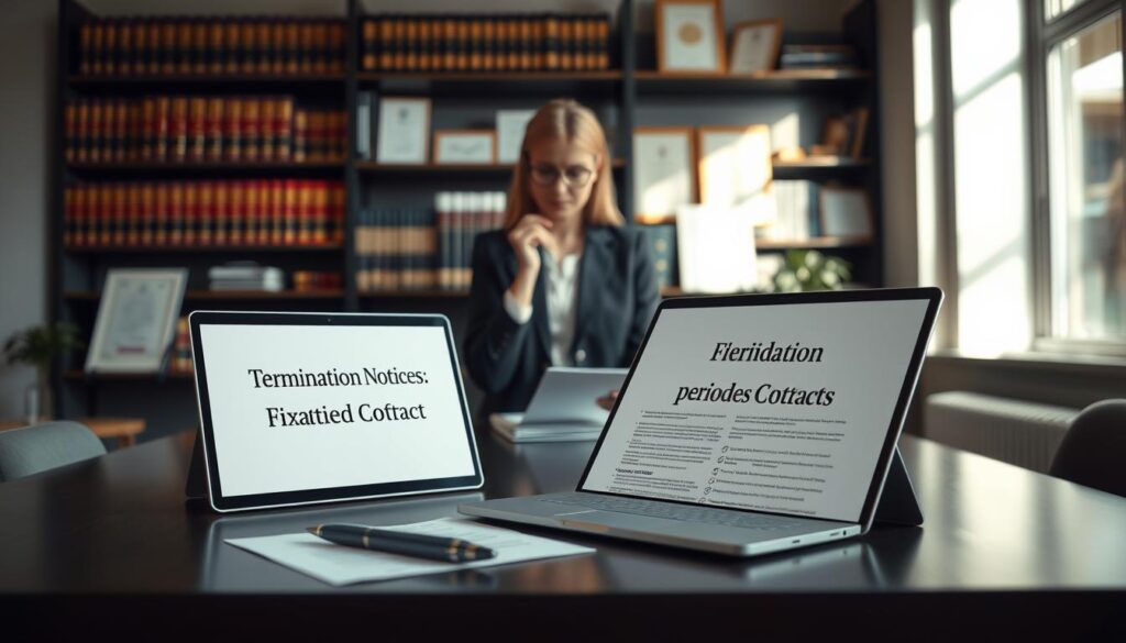 A professional office environment with a sleek modern desk in the foreground, featuring a laptop open to a document titled "Termination Notices: Fixed-Term Contracts." On the desk, there are neatly arranged papers, a stylish pen, and a cup of coffee. In the middle, a focused businesswoman dressed in professional attire is thoughtfully reviewing the papers. In the background, shelves lined with legal books and certificates create a sense of authority and professionalism. Soft, natural lighting from a nearby window casts gentle shadows, enhancing the seriousness of the subject. The scene is shot on a Sony A7R IV with a 70mm lens, showcasing sharp details and a polished atmosphere, conveying the importance of understanding termination periods in employment contracts. A professional office environment with a sleek modern desk in the foreground, featuring a laptop open to a document titled "Termination Notices: Fixed-Term Contracts." On the desk, there are neatly arranged papers, a stylish pen, and a cup of coffee. In the middle, a focused businesswoman dressed in professional attire is thoughtfully reviewing the papers. In the background, shelves lined with legal books and certificates create a sense of authority and professionalism. Soft, natural lighting from a nearby window casts gentle shadows, enhancing the seriousness of the subject. The scene is shot on a Sony A7R IV with a 70mm lens, showcasing sharp details and a polished atmosphere, conveying the importance of understanding termination periods in employment contracts.