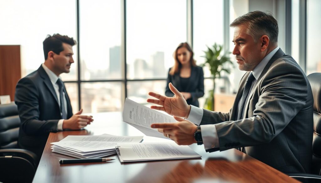 A professional office scene capturing the essence of resistance against wrongful termination. In the foreground, a determined employee in business attire, a middle-aged man, gestures emphatically while reviewing employment documents on a sleek wooden desk. The middle ground features a concerned colleague listening attentively, both appearing engaged in a serious discussion. In the background, large windows let in soft, natural light, illuminating the office's modern decor, with a cityscape visible outside. The atmosphere reflects intensity and resolve. Shot with a Sony A7R IV at 70mm, ensuring clear focus and sharp definition, complemented by a polarized filter to enhance the clarity of details and colors. The image should convey a sense of empowerment and professionalism. A professional office scene capturing the essence of resistance against wrongful termination. In the foreground, a determined employee in business attire, a middle-aged man, gestures emphatically while reviewing employment documents on a sleek wooden desk. The middle ground features a concerned colleague listening attentively, both appearing engaged in a serious discussion. In the background, large windows let in soft, natural light, illuminating the office's modern decor, with a cityscape visible outside. The atmosphere reflects intensity and resolve. Shot with a Sony A7R IV at 70mm, ensuring clear focus and sharp definition, complemented by a polarized filter to enhance the clarity of details and colors. The image should convey a sense of empowerment and professionalism.