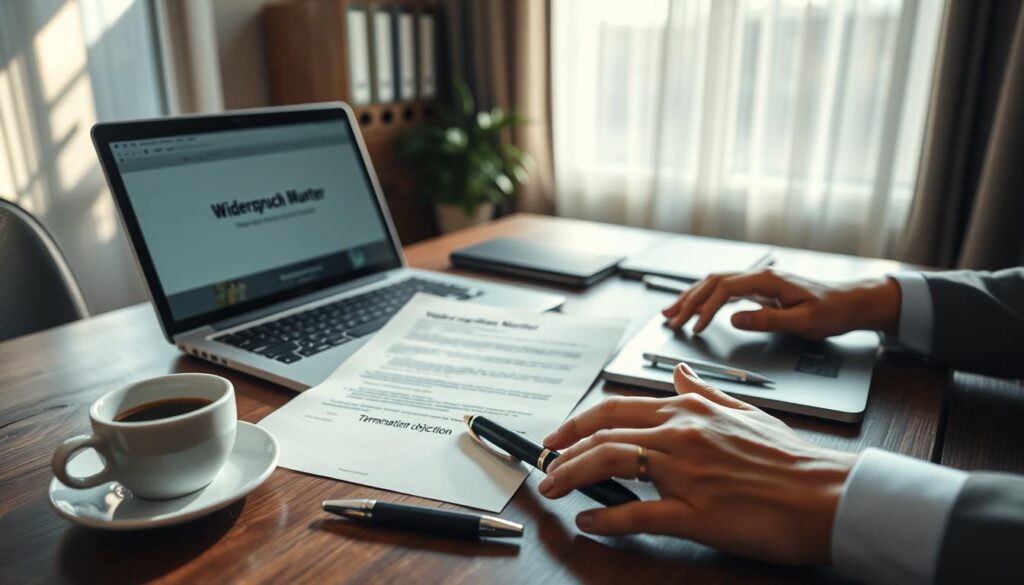 A professional office scene depicting a well-organized desk with a laptop open to a document titled "Widerspruch Muster." The foreground features a pair of hands, dressed in formal business attire, typing on the keyboard, conveying focused determination. In the middle ground, a neatly printed letter regarding a termination objection rests beside a stylish pen and a cup of coffee. The background shows a large window with natural light streaming in, casting soft shadows across the room, enhancing the professional atmosphere. The image is shot with a Sony A7R IV at 70mm, with a polarizing filter for clarity and contrast, emphasizing the importance and seriousness of the subject matter. The overall mood is one of professionalism and resolve, capturing the essence of a challenging situation. A professional office scene depicting a well-organized desk with a laptop open to a document titled "Widerspruch Muster." The foreground features a pair of hands, dressed in formal business attire, typing on the keyboard, conveying focused determination. In the middle ground, a neatly printed letter regarding a termination objection rests beside a stylish pen and a cup of coffee. The background shows a large window with natural light streaming in, casting soft shadows across the room, enhancing the professional atmosphere. The image is shot with a Sony A7R IV at 70mm, with a polarizing filter for clarity and contrast, emphasizing the importance and seriousness of the subject matter. The overall mood is one of professionalism and resolve, capturing the essence of a challenging situation.