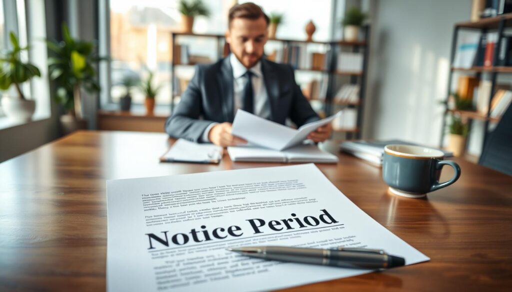 A professional office scene depicting a well-organized workspace highlighting a detailed employment contract on a sleek wooden desk. In the foreground, a close-up of the contract with the words "Notice Period" clearly visible, surrounded by a pen and a coffee cup. In the middle ground, a focused business person in smart attire, reviewing the contract with a thoughtful expression, reflecting the importance of the notice period in their employment. In the background, a modern office setting with blurred shelves filled with books and plants, soft natural light streaming in from a large window. Shot on Sony A7R IV 70mm, ensuring a sharply defined focus with a polarized filter to enhance colors and depth, creating an atmosphere of professionalism and contemplation. A professional office scene depicting a well-organized workspace highlighting a detailed employment contract on a sleek wooden desk. In the foreground, a close-up of the contract with the words "Notice Period" clearly visible, surrounded by a pen and a coffee cup. In the middle ground, a focused business person in smart attire, reviewing the contract with a thoughtful expression, reflecting the importance of the notice period in their employment. In the background, a modern office setting with blurred shelves filled with books and plants, soft natural light streaming in from a large window. Shot on Sony A7R IV 70mm, ensuring a sharply defined focus with a polarized filter to enhance colors and depth, creating an atmosphere of professionalism and contemplation.