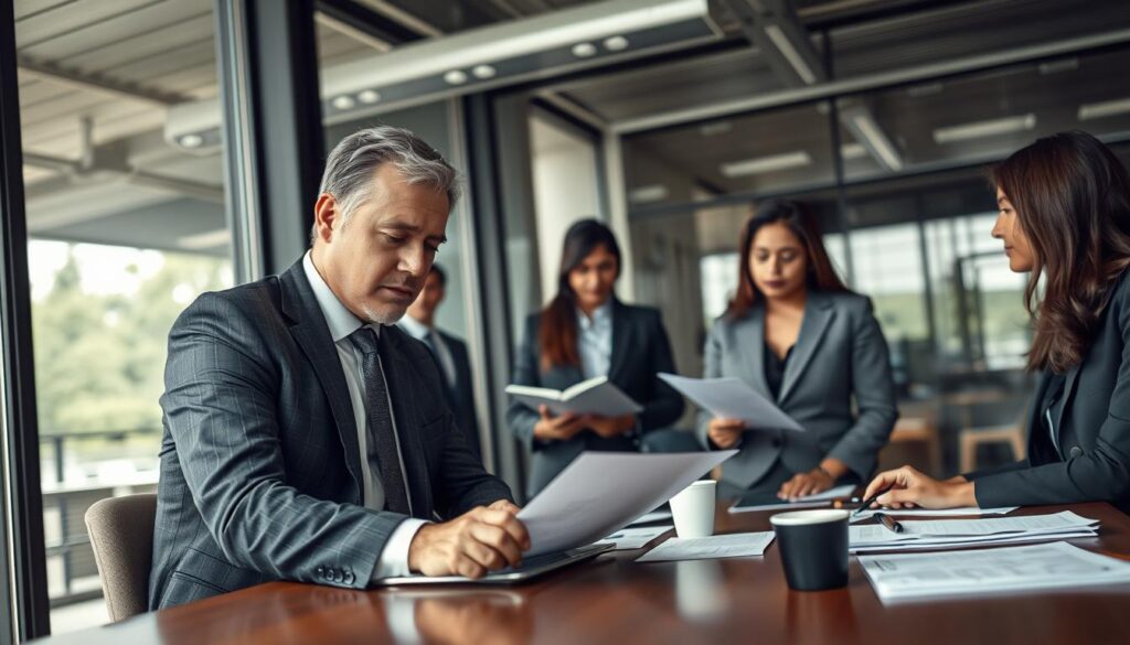 A professional office setting depicting a diverse group of business people engaged in a discussion about terminating an employment contract. In the foreground, a middle-aged Caucasian man in a sharp suit looks thoughtfully at a legal document on the table, while a young South Asian woman in business attire listens intently, taking notes. The middle of the scene shows a conference table with a laptop, a couple of coffee cups, and documents scattered around. In the background, large windows let in natural light, highlighting the modern office architecture. The atmosphere is serious yet collaborative, conveying the complexity of the contract withdrawal process. Captured with a Sony A7R IV at 70mm, ensuring a clear focus and sharply defined details, enhanced by a polarized filter for balanced lighting. A professional office setting depicting a diverse group of business people engaged in a discussion about terminating an employment contract. In the foreground, a middle-aged Caucasian man in a sharp suit looks thoughtfully at a legal document on the table, while a young South Asian woman in business attire listens intently, taking notes. The middle of the scene shows a conference table with a laptop, a couple of coffee cups, and documents scattered around. In the background, large windows let in natural light, highlighting the modern office architecture. The atmosphere is serious yet collaborative, conveying the complexity of the contract withdrawal process. Captured with a Sony A7R IV at 70mm, ensuring a clear focus and sharply defined details, enhanced by a polarized filter for balanced lighting.