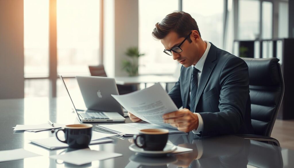 A professional office setting depicting a scene of an employee reviewing documents regarding a job termination letter. In the foreground, a focused individual dressed in smart business attire sits at a sleek desk, closely examining a printed notice. The middle ground features scattered papers, a laptop, and a cup of coffee, symbolizing the stress and contemplation of their situation. The background reveals a modern office with large windows allowing soft, diffused daylight to filter in, creating a calm yet serious atmosphere. The scene is shot with a Sony A7R IV at 70mm, ensuring clear focus and sharp details, complemented by a polarized filter to enhance the lighting. The overall mood conveys a sense of determination and reflection amidst professional challenges. A professional office setting depicting a scene of an employee reviewing documents regarding a job termination letter. In the foreground, a focused individual dressed in smart business attire sits at a sleek desk, closely examining a printed notice. The middle ground features scattered papers, a laptop, and a cup of coffee, symbolizing the stress and contemplation of their situation. The background reveals a modern office with large windows allowing soft, diffused daylight to filter in, creating a calm yet serious atmosphere. The scene is shot with a Sony A7R IV at 70mm, ensuring clear focus and sharp details, complemented by a polarized filter to enhance the lighting. The overall mood conveys a sense of determination and reflection amidst professional challenges.