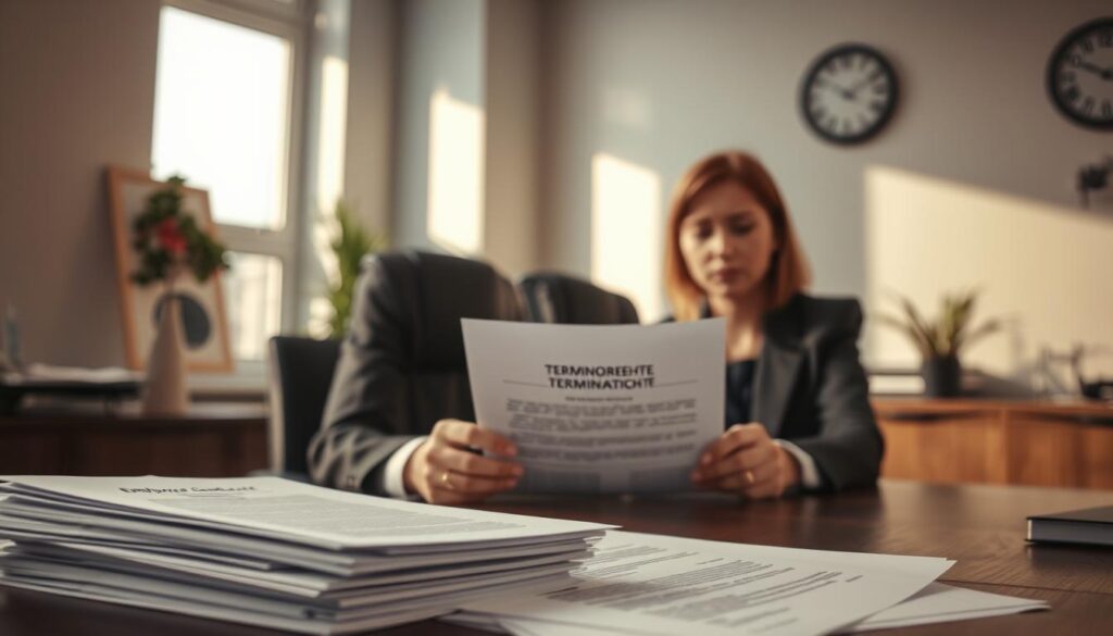 A professional office setting depicting an employee, dressed in smart business attire, sitting at a desk with a concerned expression as they review a termination notice during their probation period. In the foreground, a stack of documents is visible, including a employment contract and a termination letter, symbolizing Arbeitnehmerrechte (employee rights). The middle ground features a large window letting in natural light, creating a warm and inviting atmosphere while casting soft shadows. The background includes minimalist office decor, such as a potted plant and a clock on the wall, emphasizing professionalism. The image should be captured with a Sony A7R IV at 70mm, ensuring sharp focus and clarity, utilizing a polarized filter to enhance the lighting and color contrast, creating an atmosphere of tension and contemplation. A professional office setting depicting an employee, dressed in smart business attire, sitting at a desk with a concerned expression as they review a termination notice during their probation period. In the foreground, a stack of documents is visible, including a employment contract and a termination letter, symbolizing Arbeitnehmerrechte (employee rights). The middle ground features a large window letting in natural light, creating a warm and inviting atmosphere while casting soft shadows. The background includes minimalist office decor, such as a potted plant and a clock on the wall, emphasizing professionalism. The image should be captured with a Sony A7R IV at 70mm, ensuring sharp focus and clarity, utilizing a polarized filter to enhance the lighting and color contrast, creating an atmosphere of tension and contemplation.