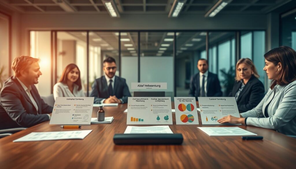 A professional office setting depicting the process of "Ablauf Verbeamtung." In the foreground, a diverse group of individuals in business attire, including a man in a suit and a woman in a blouse, are engaged in discussion around a large conference table. The middle layer features important documents, a laptop, and informational charts illustrating the steps of civil servant appointment. In the background, a modern office with large windows allows soft, natural light to fill the space, creating a warm and inviting atmosphere. The overall mood is focused and professional, emphasizing the seriousness of the verbeamtung process. Captured with a Sony A7R IV at 70mm, ensuring sharp definition and clarity, enhanced with a polarized filter for vibrant colors and contrasts. A professional office setting depicting the process of "Ablauf Verbeamtung." In the foreground, a diverse group of individuals in business attire, including a man in a suit and a woman in a blouse, are engaged in discussion around a large conference table. The middle layer features important documents, a laptop, and informational charts illustrating the steps of civil servant appointment. In the background, a modern office with large windows allows soft, natural light to fill the space, creating a warm and inviting atmosphere. The overall mood is focused and professional, emphasizing the seriousness of the verbeamtung process. Captured with a Sony A7R IV at 70mm, ensuring sharp definition and clarity, enhanced with a polarized filter for vibrant colors and contrasts.