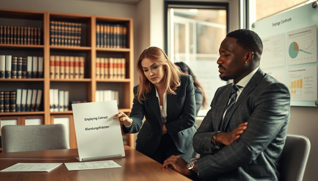 A professional office setting depicts a diverse group of business professionals engaged in a discussion about indefinite employment contract termination periods. In the foreground, a Caucasian female HR manager in business attire points to a document labeled “Kündigungsfristen” on a conference table, while a Black male employee attentively listens. In the middle, a large window allows soft natural light to illuminate the room, creating a warm atmosphere. In the background, shelves filled with legal books and a glass whiteboard showing charts on employment contracts reinforce the theme. The composition is shot with a Sony A7R IV at 70mm, ensuring clear focus and sharp definition. The mood is professional, emphasizing clarity and teamwork in navigating employment regulations. A professional office setting depicts a diverse group of business professionals engaged in a discussion about indefinite employment contract termination periods. In the foreground, a Caucasian female HR manager in business attire points to a document labeled “Kündigungsfristen” on a conference table, while a Black male employee attentively listens. In the middle, a large window allows soft natural light to illuminate the room, creating a warm atmosphere. In the background, shelves filled with legal books and a glass whiteboard showing charts on employment contracts reinforce the theme. The composition is shot with a Sony A7R IV at 70mm, ensuring clear focus and sharp definition. The mood is professional, emphasizing clarity and teamwork in navigating employment regulations.