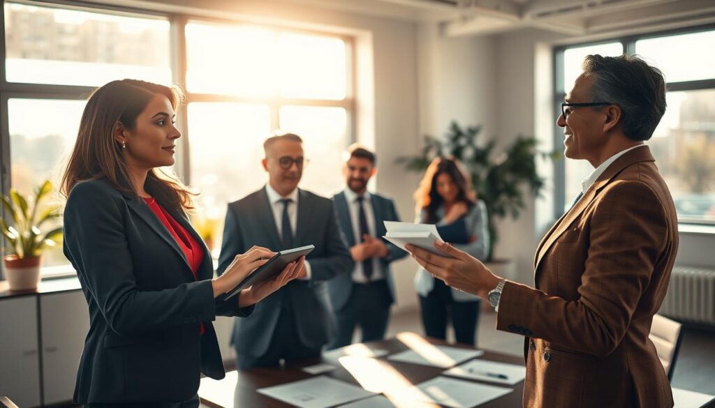 A professional office setting during a bright morning, featuring a diverse group of employees engaged in a discussion about their rights during a company downsizing. In the foreground, a woman in business attire is confidently presenting her points on a digital tablet, while a man in a suit nods in agreement. In the middle ground, another employee looks thoughtfully at documents spread on a table, symbolizing their rights. The background shows large windows with sunlight streaming in, illuminating the room in a hopeful, determined atmosphere. The image is shot with a Sony A7R IV at 70mm, clearly focused and sharply defined, utilizing a polarized filter to enhance the clarity and depth, capturing the essence of collaboration and understanding in a challenging situation. A professional office setting during a bright morning, featuring a diverse group of employees engaged in a discussion about their rights during a company downsizing. In the foreground, a woman in business attire is confidently presenting her points on a digital tablet, while a man in a suit nods in agreement. In the middle ground, another employee looks thoughtfully at documents spread on a table, symbolizing their rights. The background shows large windows with sunlight streaming in, illuminating the room in a hopeful, determined atmosphere. The image is shot with a Sony A7R IV at 70mm, clearly focused and sharply defined, utilizing a polarized filter to enhance the clarity and depth, capturing the essence of collaboration and understanding in a challenging situation.