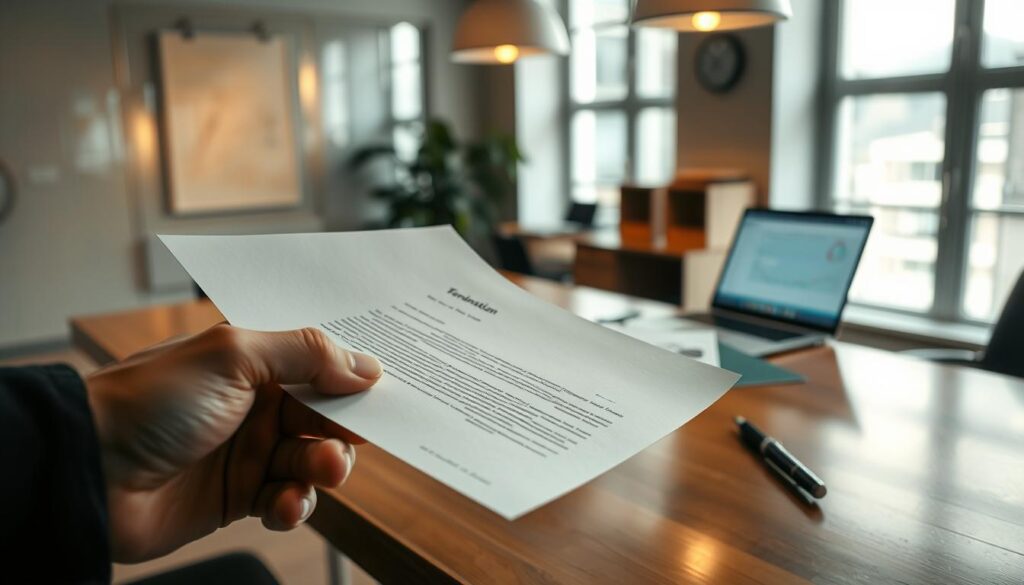 A professional office setting emphasizing the concept of "Kündigungsfristen und Form der Kündigung." In the foreground, depict a hand holding a formal termination letter, elegantly printed and neatly folded, with a stylized pen resting beside it. In the middle ground, show a polished wooden desk cluttered with legal documents, a planner, and a laptop subtly displaying a spreadsheet with timelines. The background features a modern office environment with large windows allowing natural light to cascade in, illuminating the space. The mood should be serious and contemplative, reflecting the gravity of employment termination decisions. Shot on a Sony A7R IV 70mm, ensure a clear focus and sharp definition, employing a polarized filter to enhance the lighting contrast.
