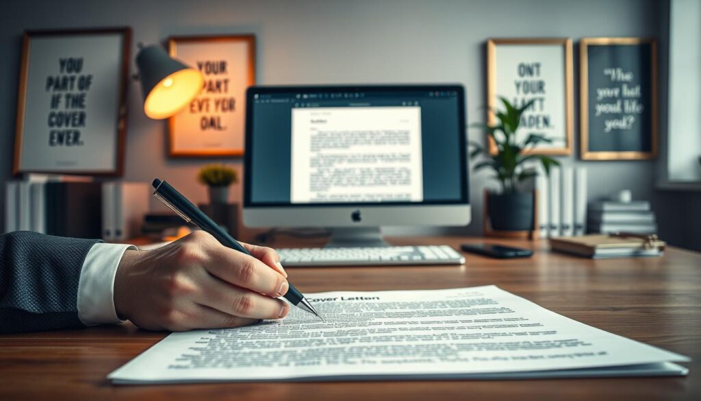 A professional office setting featuring a clean, organized desk with a neatly arranged open application letter titled "Final Part of the Cover Letter." In the foreground, a pair of well-groomed hands are holding a pen, poised to write. The middle section shows a computer screen displaying a business email draft, illuminated softly by warm desk lamp lighting. In the background, motivational quotes in elegant frames and a potted plant add a touch of green, enhancing the atmosphere of focus and professionalism. The scene is shot with a Sony A7R IV at 70mm, clearly focused and sharply defined, using a polarized filter to enrich colors and provide clarity. The overall mood conveys determination and aspiration, perfect for job seekers crafting their final thoughts in a cover letter.