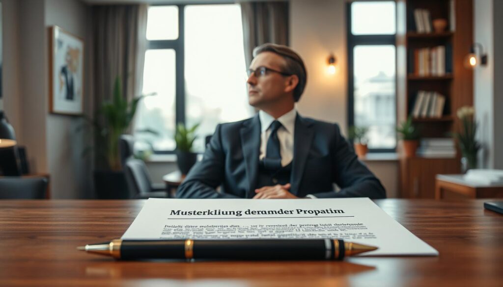 A professional office setting featuring a close-up on a resignation letter titled "Musterkündigung während der Probezeit," elegantly placed on a modern wooden desk. In the foreground, the letter is clearly visible with an ink pen resting beside it. In the middle ground, a well-dressed individual, a middle-aged man in a tailored navy suit, appears contemplative as he gazes thoughtfully out of a large window, with soft natural light filtering in. The background includes tasteful office decor, such as potted plants and bookshelves, creating a calm and focused atmosphere. The scene is captured sharply with a Sony A7R IV at 70mm, enhanced by a polarized filter to accentuate the clarity and color balance, evoking a mood of professionalism and contemplation. A professional office setting featuring a close-up on a resignation letter titled "Musterkündigung während der Probezeit," elegantly placed on a modern wooden desk. In the foreground, the letter is clearly visible with an ink pen resting beside it. In the middle ground, a well-dressed individual, a middle-aged man in a tailored navy suit, appears contemplative as he gazes thoughtfully out of a large window, with soft natural light filtering in. The background includes tasteful office decor, such as potted plants and bookshelves, creating a calm and focused atmosphere. The scene is captured sharply with a Sony A7R IV at 70mm, enhanced by a polarized filter to accentuate the clarity and color balance, evoking a mood of professionalism and contemplation.