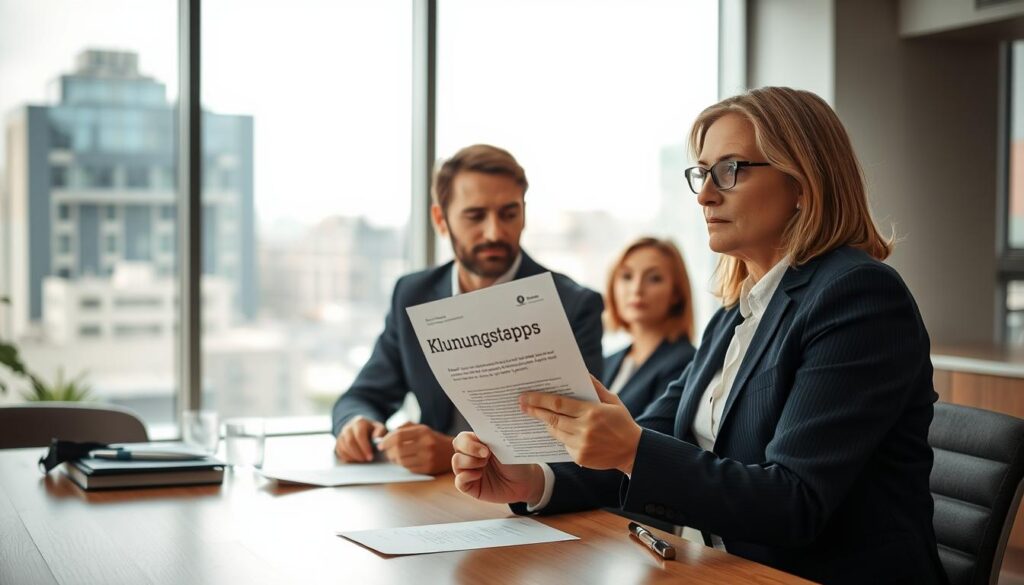 A professional office setting featuring a diverse group of three individuals engaged in a serious discussion about resignation strategies. In the foreground, a confident woman in business attire gestures with a printed document titled "Kündigungstipps" in hand, while a thoughtful man listens intently, taking notes. A third person, a middle-aged professional, sits across the table, looking pensive. The background reveals a modern office with a large window, with city views on a sunny day, creating a bright and positive atmosphere. The scene is captured with a Sony A7R IV at 70mm, ensuring clear focus and sharp definition. Utilize a polarized filter to enhance colors and reduce glare, creating a warm, professional mood that encourages thoughtful conversation about the resignation process.