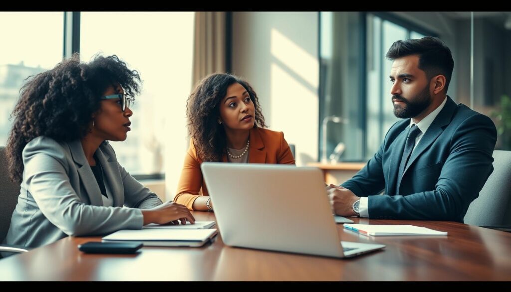 A professional office setting featuring a formal resignation discussion between two individuals, with the foreground showing a diverse man and woman dressed in business attire, sitting at a modern wooden conference table. The woman is expressing her thoughts, while the man listens attentively with a concerned expression. The middle ground includes office equipment like a laptop and notepad, enhancing the professional atmosphere. In the background, a large window allows natural light to filter in, casting soft shadows and highlighting the tension in the room. The image captures a serious but respectful mood, emphasizing the importance of the conversation. Shot on a Sony A7R IV at 70mm, with clear focus, sharp definition, and a polarized filter for enhanced clarity and detail. A professional office setting featuring a formal resignation discussion between two individuals, with the foreground showing a diverse man and woman dressed in business attire, sitting at a modern wooden conference table. The woman is expressing her thoughts, while the man listens attentively with a concerned expression. The middle ground includes office equipment like a laptop and notepad, enhancing the professional atmosphere. In the background, a large window allows natural light to filter in, casting soft shadows and highlighting the tension in the room. The image captures a serious but respectful mood, emphasizing the importance of the conversation. Shot on a Sony A7R IV at 70mm, with clear focus, sharp definition, and a polarized filter for enhanced clarity and detail.