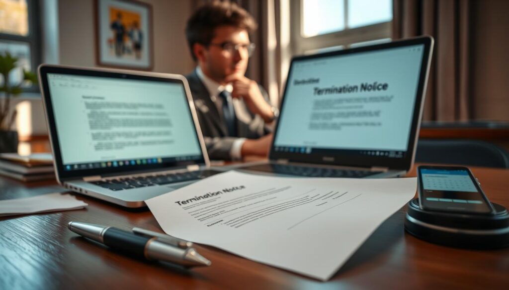 A professional office setting featuring a neatly arranged desk with a laptop open to an email application. In the foreground, a printed document titled "Termination Notice" is placed next to a sleek, modern ink pen and a smartphone displaying a calendar reminder. The middle ground shows a focused business professional in modest business attire, thoughtfully reviewing the email content on the laptop screen. The background includes a window with soft, natural light filtering in, casting gentle shadows across the desk, creating an atmosphere of professionalism and clarity. The scene captures a sense of caution and seriousness regarding document delivery and legal compliance, shot with a Sony A7R IV at 70mm, ensuring sharp details and vivid colors. A professional office setting featuring a neatly arranged desk with a laptop open to an email application. In the foreground, a printed document titled "Termination Notice" is placed next to a sleek, modern ink pen and a smartphone displaying a calendar reminder. The middle ground shows a focused business professional in modest business attire, thoughtfully reviewing the email content on the laptop screen. The background includes a window with soft, natural light filtering in, casting gentle shadows across the desk, creating an atmosphere of professionalism and clarity. The scene captures a sense of caution and seriousness regarding document delivery and legal compliance, shot with a Sony A7R IV at 70mm, ensuring sharp details and vivid colors.