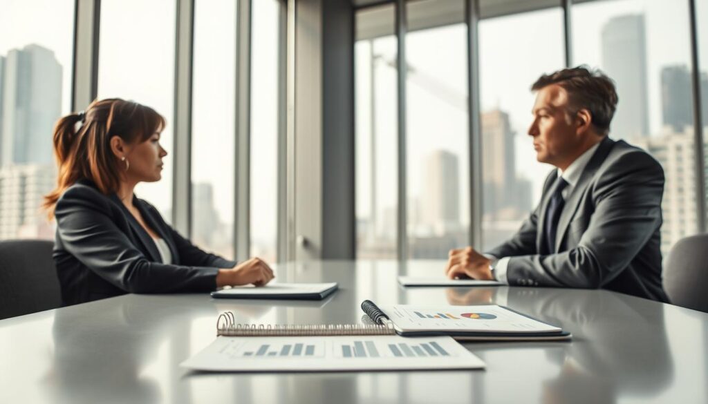 A professional office setting, featuring a well-dressed businesswoman and businessman engaged in a serious discussion at a modern conference table. The foreground highlights their focused expressions, embodying concern and contemplation. In the middle ground, a notepad with graphs and charts symbolizes company performance, suggesting the strenuous reasons for termination. The background shows large windows with a cityscape, providing a sense of scale and modernity. Utilize soft, natural lighting to create a professional atmosphere, while a slightly blurred focus on the background emphasizes the subjects. Capture this image with a Sony A7R IV at 70mm for clarity and sharp definition, using a polarized filter for enhanced color contrast. The overall mood should convey seriousness and the weight of workplace decisions.