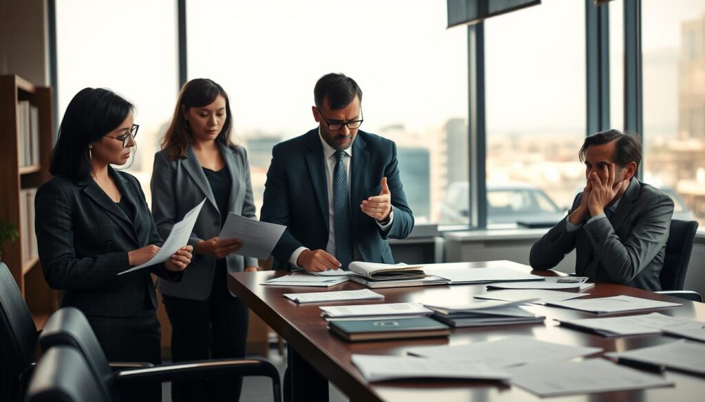 A professional office setting filled with tension, highlighting the theme of pitfalls in public service terminations. In the foreground, a diverse group of three professionals dressed in business attire – a woman in a sharp blazer, a man in glasses reviewing documents, and a person gesturing as if explaining a situation. In the middle ground, a large conference table with scattered paperwork and a visibly stressed employee sitting across with a concerned expression. Soft, natural lighting permeates the room, enhancing the serious atmosphere, while a polarized filter brings out the details. The background features a blurred image of a cityscape through a large window, symbolizing the broader implications of public service employment. The overall mood conveys anxiety and the weight of decision-making in the realm of employment law. A professional office setting filled with tension, highlighting the theme of pitfalls in public service terminations. In the foreground, a diverse group of three professionals dressed in business attire – a woman in a sharp blazer, a man in glasses reviewing documents, and a person gesturing as if explaining a situation. In the middle ground, a large conference table with scattered paperwork and a visibly stressed employee sitting across with a concerned expression. Soft, natural lighting permeates the room, enhancing the serious atmosphere, while a polarized filter brings out the details. The background features a blurred image of a cityscape through a large window, symbolizing the broader implications of public service employment. The overall mood conveys anxiety and the weight of decision-making in the realm of employment law.