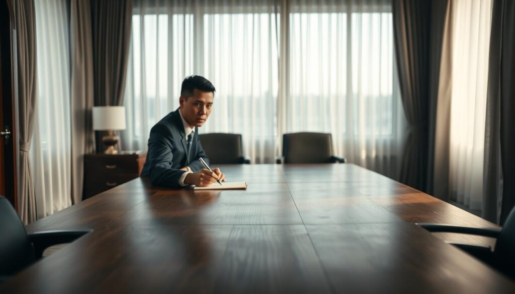 A professional office setting, focusing on a wooden conference table in the foreground, where a poised individual in formal business attire sits with a notepad and pen, preparing for a serious conversation. In the middle ground, two empty chairs suggest an upcoming pivotal meeting. The background features a large window adorned with sheer curtains, allowing soft, natural light to fill the room, creating a calm yet tense atmosphere. The overall mood is contemplative, emphasizing the importance of preparation before a difficult discussion. The scene is shot with a Sony A7R IV at 70mm, delivering a crisp, clearly focused image with a polarized filter enhancing the colors and details.