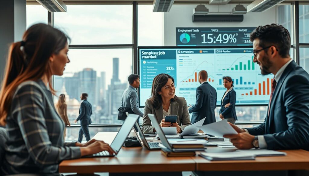A professional office setting illustrating the dynamics of the job market, with a diverse group of people in business attire engaging in discussions. In the foreground, a confident woman and a thoughtful man review job applications on a table, surrounded by modern technology like laptops and smartphones. In the middle ground, a large window reveals a bustling cityscape dotted with office buildings and people commuting. The background showcases a digital board displaying job postings and graphs highlighting employment trends. Soft, natural lighting filters through the window, creating an optimistic atmosphere. Shot on a Sony A7R IV at 70mm, with a polarized filter, ensuring sharp focus and vibrant colors to evoke a sense of opportunity and professionalism. A professional office setting illustrating the dynamics of the job market, with a diverse group of people in business attire engaging in discussions. In the foreground, a confident woman and a thoughtful man review job applications on a table, surrounded by modern technology like laptops and smartphones. In the middle ground, a large window reveals a bustling cityscape dotted with office buildings and people commuting. The background showcases a digital board displaying job postings and graphs highlighting employment trends. Soft, natural lighting filters through the window, creating an optimistic atmosphere. Shot on a Sony A7R IV at 70mm, with a polarized filter, ensuring sharp focus and vibrant colors to evoke a sense of opportunity and professionalism.