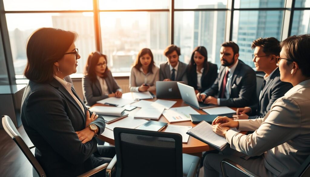 A professional office setting with a diverse group of business professionals engaged in a discussion about employment termination policies. In the foreground, two individuals in business attire, one conversing with a thoughtful expression while the other takes notes on a notepad. In the middle ground, a round table cluttered with paperwork, charts, and laptops, indicating a serious meeting atmosphere. The background features a large window with city views, natural light flooding in, creating a bright and focused ambiance. The image captures a sense of urgency and professionalism. Shot on a Sony A7R IV at 70mm, ensuring a sharply defined and clearly focused composition, with a polarized filter enhancing the clarity and vibrancy of details. A professional office setting with a diverse group of business professionals engaged in a discussion about employment termination policies. In the foreground, two individuals in business attire, one conversing with a thoughtful expression while the other takes notes on a notepad. In the middle ground, a round table cluttered with paperwork, charts, and laptops, indicating a serious meeting atmosphere. The background features a large window with city views, natural light flooding in, creating a bright and focused ambiance. The image captures a sense of urgency and professionalism. Shot on a Sony A7R IV at 70mm, ensuring a sharply defined and clearly focused composition, with a polarized filter enhancing the clarity and vibrancy of details.