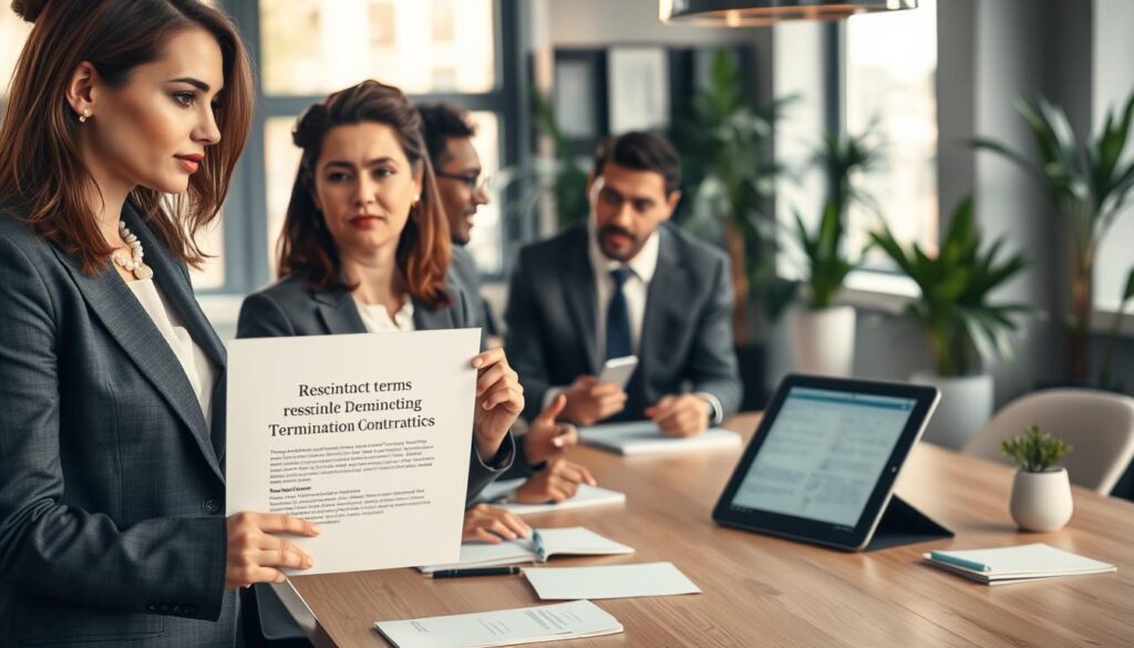 A professional office setting with a diverse group of individuals engaged in a serious discussion about contract terms. In the foreground, a businesswoman in a tailored suit holds a contract, highlighting the topic of rescinding a termination notice. Beside her, a businessman in a smart-casual outfit appears thoughtful, gesturing towards a digital tablet displaying legal information. In the middle ground, a large window lets in soft, natural light that creates an inviting atmosphere, while a modern conference table filled with notebooks and pens suggests a collaborative environment. In the background, potted plants and contemporary office decor enhance the professional yet approachable feel. Shot on a Sony A7R IV at 70mm with a polarized filter, ensuring clear focus and sharp details throughout. A professional office setting with a diverse group of individuals engaged in a serious discussion about contract terms. In the foreground, a businesswoman in a tailored suit holds a contract, highlighting the topic of rescinding a termination notice. Beside her, a businessman in a smart-casual outfit appears thoughtful, gesturing towards a digital tablet displaying legal information. In the middle ground, a large window lets in soft, natural light that creates an inviting atmosphere, while a modern conference table filled with notebooks and pens suggests a collaborative environment. In the background, potted plants and contemporary office decor enhance the professional yet approachable feel. Shot on a Sony A7R IV at 70mm with a polarized filter, ensuring clear focus and sharp details throughout.