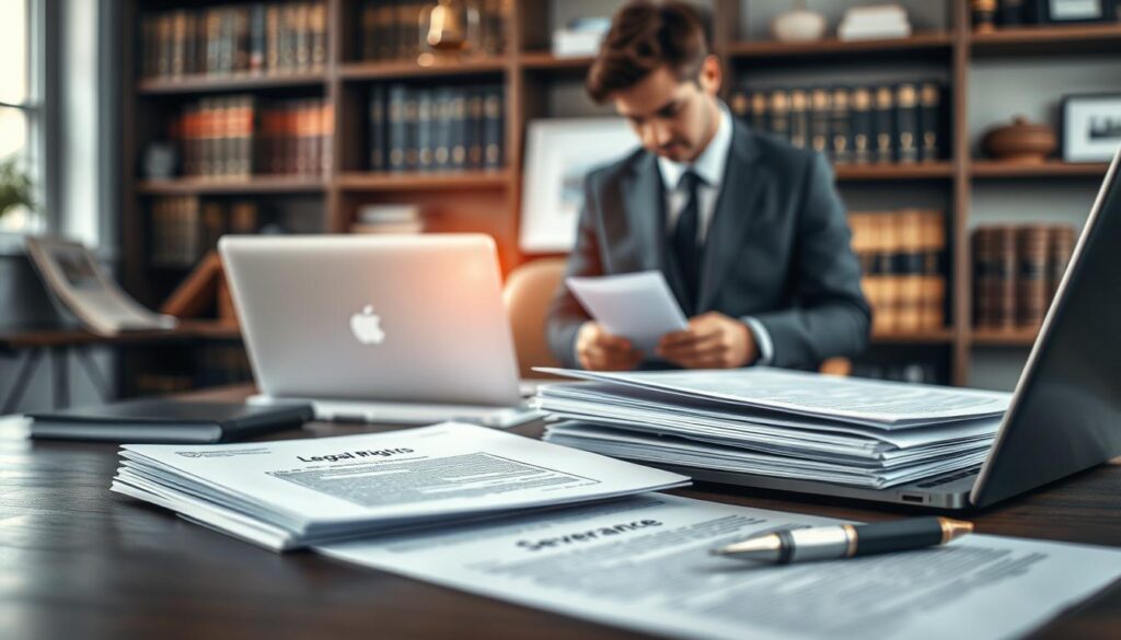 A professional office setting with a focus on a table strewn with legal documents and a laptop, symbolizing "Rechtsansprüche nach betriebsbedingter Kündigung." In the foreground, a business professional in a sharp suit reviews the documents thoughtfully, highlighting the seriousness of employment law. The middle layer features a soft glow around a stack of papers labeled "Legal Rights" and "Severance," with an open contract and a pen nearby. The background shows a blurred office environment with bookshelves filled with legal texts and framed degrees, creating an atmosphere of professionalism and seriousness. The scene is lit with soft, natural light to convey clarity and focus, captured with a Sony A7R IV at 70mm, ensuring sharpness and definition, with a polarized filter enhancing clarity.