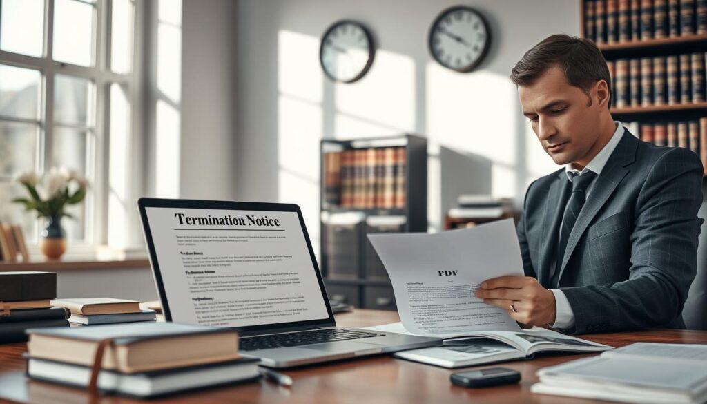 A professional office setting with a neatly organized desk. In the foreground, a well-dressed individual, wearing a business suit, is reviewing a document detailing the legal foundations of termination, focusing on aspects like notifications and compliance. On the desk, there is a laptop displaying a PDF file titled "Termination Notice," surrounded by legal books and stationery. In the middle ground, a wall clock and a bookshelf filled with law books create a scholarly atmosphere. The background features large windows allowing soft, natural light to filter through, casting gentle shadows. The image captures a serious yet calm mood, emphasizing professionalism and the importance of legal procedures. Shot on a Sony A7R IV at 70mm, with a polarized filter, ensuring clear focus and definition. A professional office setting with a neatly organized desk. In the foreground, a well-dressed individual, wearing a business suit, is reviewing a document detailing the legal foundations of termination, focusing on aspects like notifications and compliance. On the desk, there is a laptop displaying a PDF file titled "Termination Notice," surrounded by legal books and stationery. In the middle ground, a wall clock and a bookshelf filled with law books create a scholarly atmosphere. The background features large windows allowing soft, natural light to filter through, casting gentle shadows. The image captures a serious yet calm mood, emphasizing professionalism and the importance of legal procedures. Shot on a Sony A7R IV at 70mm, with a polarized filter, ensuring clear focus and definition.