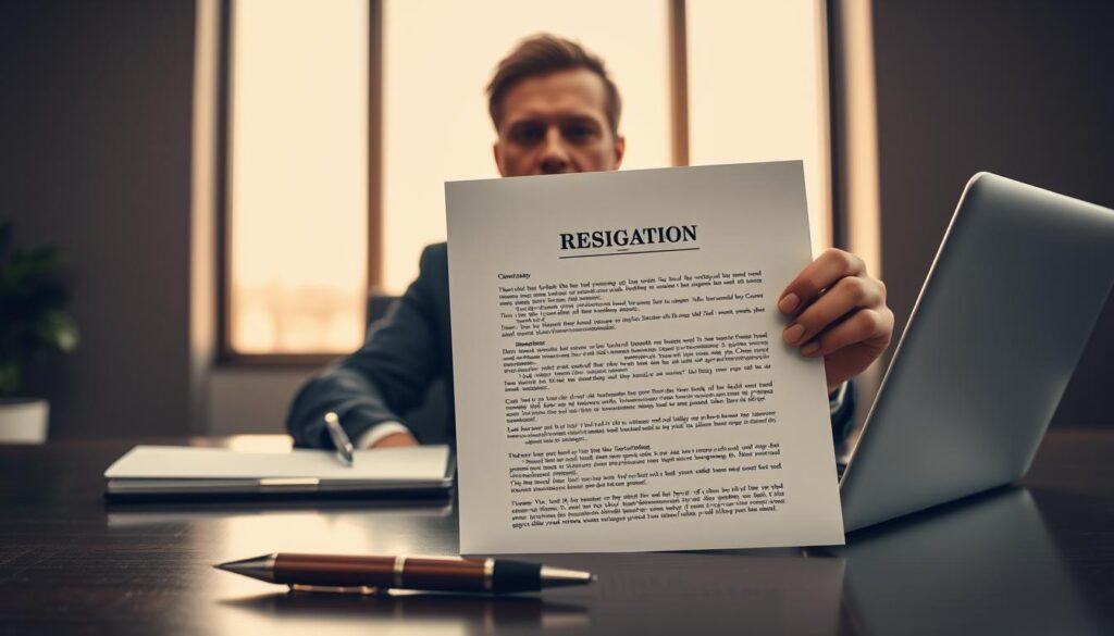 A professional person in a sleek office environment, dressed in formal business attire, sits at a modern desk, holding a neatly printed resignation letter. The letter is prominently displayed, showcasing meticulous formatting. In the foreground, a pen rests beside the letter, hinting at intention and formality. The middle ground features a laptop with an open document, symbolizing the digital aspect of the resignation process. In the background, a large window allows natural light to flood the room, casting a warm, inviting glow that reflects the seriousness yet hopeful mood of new beginnings. Shot on a Sony A7R IV at 70mm, with clearly focused, sharply defined details and a polarized filter to enhance visibility and color accuracy.