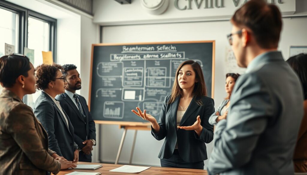 A professional scene depicting a group of diverse individuals in a modern office environment, engaging in a discussion about the civil service process. In the foreground, a Caucasian woman in business attire gestures while explaining key aspects, surrounded by colleagues of different ethnic backgrounds, including a Black man and an Asian woman, who listen intently. The middle ground features a large chalkboard with diagrams outlining the requirements and stages of the "Beamter werden" process. The background shows a bright, well-lit office with motivational posters on the walls and large windows allowing natural light to flood the space. Shot on a Sony A7R IV with a 70mm lens, the image is sharply defined, capturing the seriousness of the discussion while conveying a collaborative atmosphere, emphasized by a polarized filter. A professional scene depicting a group of diverse individuals in a modern office environment, engaging in a discussion about the civil service process. In the foreground, a Caucasian woman in business attire gestures while explaining key aspects, surrounded by colleagues of different ethnic backgrounds, including a Black man and an Asian woman, who listen intently. The middle ground features a large chalkboard with diagrams outlining the requirements and stages of the "Beamter werden" process. The background shows a bright, well-lit office with motivational posters on the walls and large windows allowing natural light to flood the space. Shot on a Sony A7R IV with a 70mm lens, the image is sharply defined, capturing the seriousness of the discussion while conveying a collaborative atmosphere, emphasized by a polarized filter.