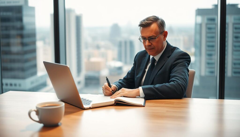 A professional scene depicting a well-dressed individual in a modern office setting, seated at a sleek desk with a laptop and an open notepad. The person, a middle-aged Caucasian man in a sharp suit, is writing a strong concluding sentence for a job application, conveying focus and determination. The image is captured in soft, natural lighting, emphasizing the clarity of the workspace. In the background, a large window reveals a cityscape, adding depth to the scene. The foreground features an inviting cup of coffee, symbolizing comfort in professionalism. Shot with a Sony A7R IV at 70mm, the image is sharply defined and clearly focused, using a polarized filter to enhance the colors and contrast, creating a motivational and inspiring atmosphere. A professional scene depicting a well-dressed individual in a modern office setting, seated at a sleek desk with a laptop and an open notepad. The person, a middle-aged Caucasian man in a sharp suit, is writing a strong concluding sentence for a job application, conveying focus and determination. The image is captured in soft, natural lighting, emphasizing the clarity of the workspace. In the background, a large window reveals a cityscape, adding depth to the scene. The foreground features an inviting cup of coffee, symbolizing comfort in professionalism. Shot with a Sony A7R IV at 70mm, the image is sharply defined and clearly focused, using a polarized filter to enhance the colors and contrast, creating a motivational and inspiring atmosphere.