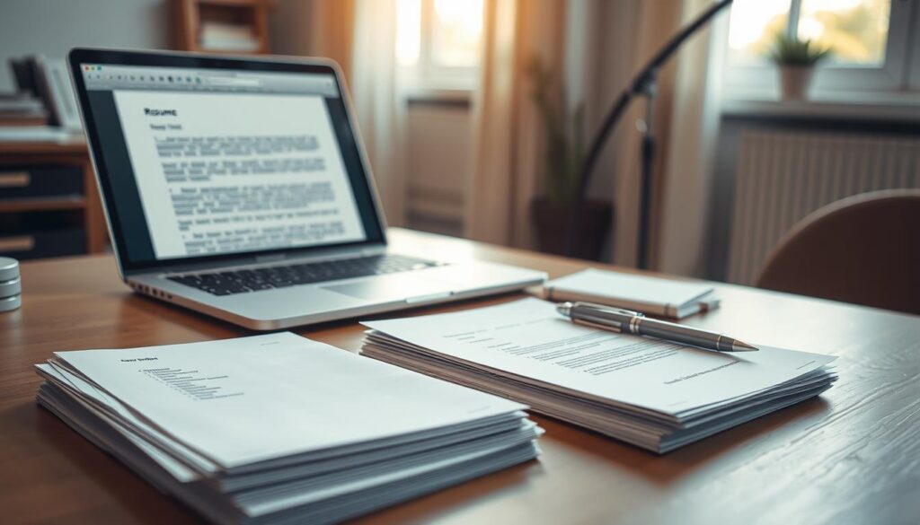 A professional scene depicting a well-organized desk with essential elements of a job application letter. In the foreground, a neatly stacked pile of application letters and a folded resume, detailed with a clean, modern design. The middle section features a stylish laptop open to a word processor, showing a partially typed cover letter, accompanied by a sleek pen and a notepad with bulleted notes. In the background, soft, natural lighting streams through a window, illuminating the space and creating an inviting atmosphere. The overall mood is focused and professional, suggesting efficiency and preparedness. Shot on a Sony A7R IV with a 70mm lens, clearly defined subjects, and a polarized filter for enhanced detail and contrast. A professional scene depicting a well-organized desk with essential elements of a job application letter. In the foreground, a neatly stacked pile of application letters and a folded resume, detailed with a clean, modern design. The middle section features a stylish laptop open to a word processor, showing a partially typed cover letter, accompanied by a sleek pen and a notepad with bulleted notes. In the background, soft, natural lighting streams through a window, illuminating the space and creating an inviting atmosphere. The overall mood is focused and professional, suggesting efficiency and preparedness. Shot on a Sony A7R IV with a 70mm lens, clearly defined subjects, and a polarized filter for enhanced detail and contrast.