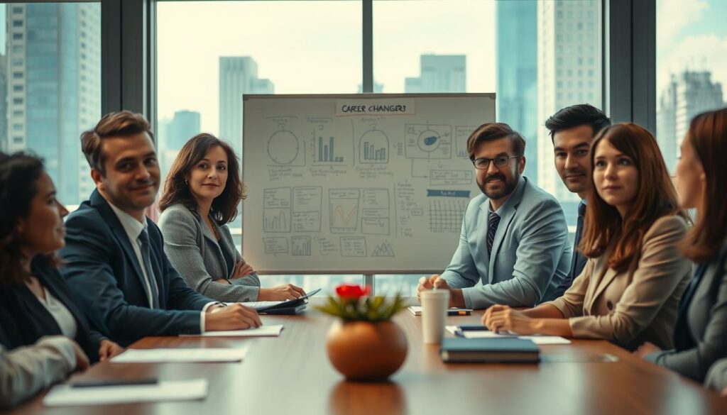A professional scene depicting the challenges faced by career changers in a contemporary office environment. In the foreground, a diverse group of individuals dressed in professional business attire gathers around a meeting table, engaged in a discussion, with expressions reflecting determination and contemplation. In the middle ground, a whiteboard filled with brainstorming notes and charts illustrates the strategies for overcoming obstacles. In the background, large windows reveal a bustling cityscape, symbolizing opportunity and change. The lighting is bright and inviting, enhancing the atmosphere of collaboration and innovation. Shot with a Sony A7R IV at 70mm, sharply defined with a polarized filter, focusing on clarity and detail. The mood conveys a sense of ambition and resilience, capturing the essence of navigating career transitions. A professional scene depicting the challenges faced by career changers in a contemporary office environment. In the foreground, a diverse group of individuals dressed in professional business attire gathers around a meeting table, engaged in a discussion, with expressions reflecting determination and contemplation. In the middle ground, a whiteboard filled with brainstorming notes and charts illustrates the strategies for overcoming obstacles. In the background, large windows reveal a bustling cityscape, symbolizing opportunity and change. The lighting is bright and inviting, enhancing the atmosphere of collaboration and innovation. Shot with a Sony A7R IV at 70mm, sharply defined with a polarized filter, focusing on clarity and detail. The mood conveys a sense of ambition and resilience, capturing the essence of navigating career transitions.
