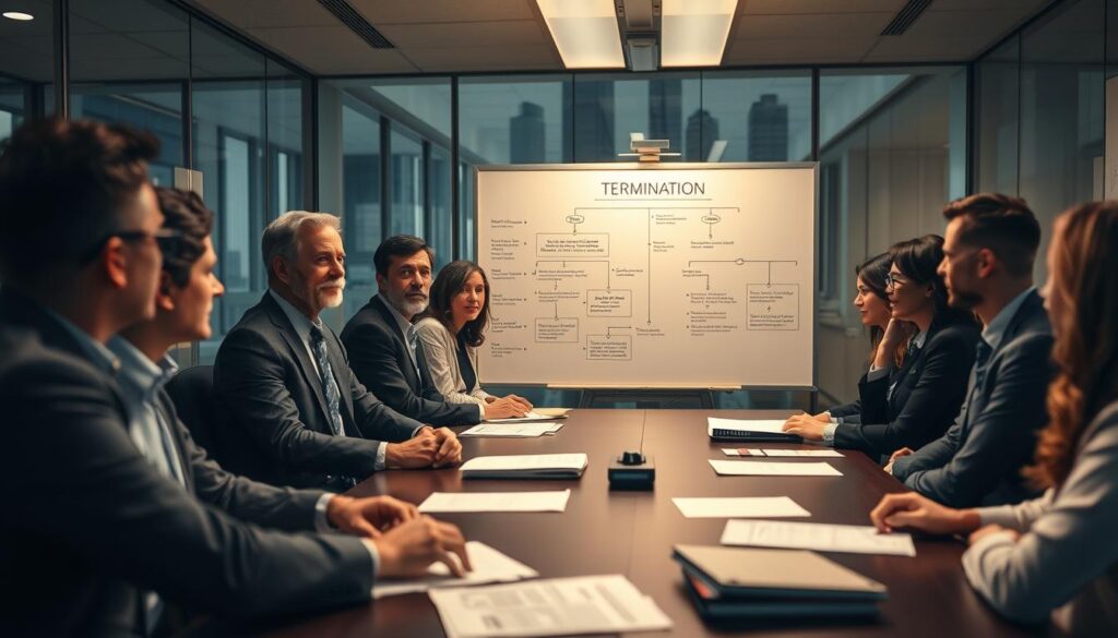 A professional scene depicting the process of termination in public service. In the foreground, a diverse group of individuals in business attire, engaged in a serious discussion around a conference table, with papers and documents laid out in front of them. In the middle, a large whiteboard with flowcharts and diagrams outlining the steps of the termination process, illuminated with soft, focused lighting. In the background, a modern office environment with glass windows showing a city skyline, adding depth and context. The image should convey a mood of professionalism and seriousness, shot with a Sony A7R IV at 70mm, clearly focused, sharply defined, and using a polarized filter for clarity and vibrancy. A professional scene depicting the process of termination in public service. In the foreground, a diverse group of individuals in business attire, engaged in a serious discussion around a conference table, with papers and documents laid out in front of them. In the middle, a large whiteboard with flowcharts and diagrams outlining the steps of the termination process, illuminated with soft, focused lighting. In the background, a modern office environment with glass windows showing a city skyline, adding depth and context. The image should convey a mood of professionalism and seriousness, shot with a Sony A7R IV at 70mm, clearly focused, sharply defined, and using a polarized filter for clarity and vibrancy.