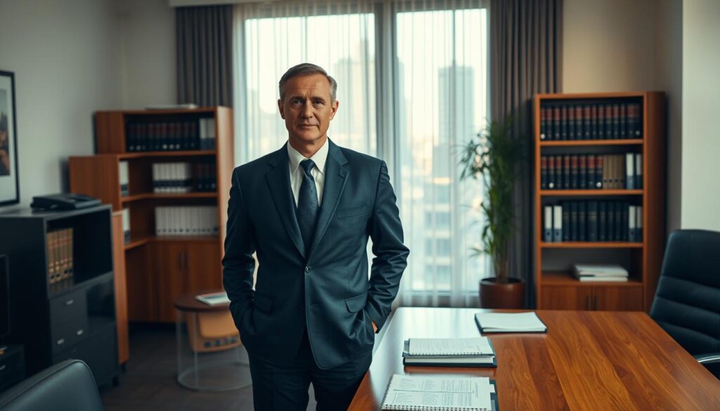 A professional setting depicting a civil service leader, known as "Dienstherr," in a modern administrative office. The foreground features a middle-aged individual in a tailored navy suit, exuding authority and confidence, standing beside a sleek wooden desk filled with official documents. In the middle, a window with natural light filters through sheer curtains, highlighting a contemporary office with cityscape views. The background includes bookshelves filled with legal texts and a potted plant, adding a touch of warmth. The mood conveys professionalism and responsibility, capturing the essence of leadership in public service. Shot on a Sony A7R IV at 70mm, with sharp focus and vivid colors, enhanced by a polarized filter for clarity and depth. A professional setting depicting a civil service leader, known as "Dienstherr," in a modern administrative office. The foreground features a middle-aged individual in a tailored navy suit, exuding authority and confidence, standing beside a sleek wooden desk filled with official documents. In the middle, a window with natural light filters through sheer curtains, highlighting a contemporary office with cityscape views. The background includes bookshelves filled with legal texts and a potted plant, adding a touch of warmth. The mood conveys professionalism and responsibility, capturing the essence of leadership in public service. Shot on a Sony A7R IV at 70mm, with sharp focus and vivid colors, enhanced by a polarized filter for clarity and depth.