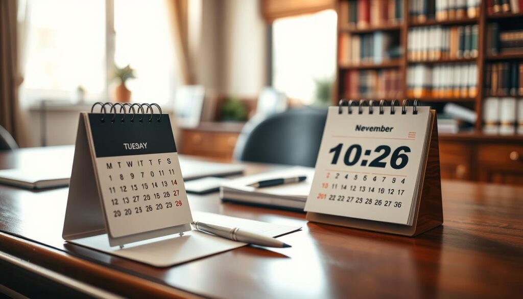 A professional setting depicting a close-up view of an elegant desk with a neat arrangement of documents. In the foreground, prominently featured is a sleek, modern calendar displaying today's date, conveying a sense of timeliness. The middle ground shows a tidy workspace with a laptop, a stylish pen, and a notepad where someone might jot down important notes. The background features soft-focus bookshelves filled with business literature, adding an intellectual atmosphere. The scene is illuminated with warm, natural light filtering through a window, creating a welcoming and serious mood. The image is shot on a Sony A7R IV at 70mm, clearly focused and sharply defined, enhanced with a polarized filter for vivid color contrast. The overall composition exudes professionalism and attention to detail.
