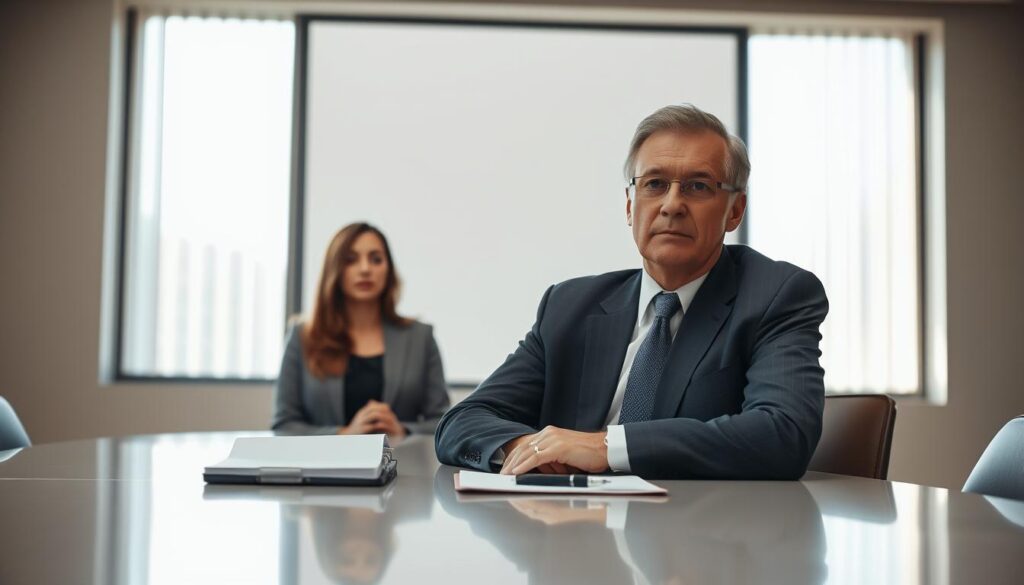 A professional setting depicting a resignation meeting, with two individuals seated at a modern conference table. In the foreground, a middle-aged man in a crisp suit appears serious yet composed, looking attentively at the woman across from him. The woman, in a smart business outfit, is speaking confidently, conveying a sense of determination. In the middle background, a large window allows natural light to flood the room, casting soft shadows that create an intimate yet professional atmosphere. The polished table is adorned with a notepad and pen, suggesting preparation and seriousness. Shot on a Sony A7R IV with a 70mm lens, the image is sharply defined and clearly focused, invoking a mood of professionalism and gravity as the subjects navigate this critical moment.