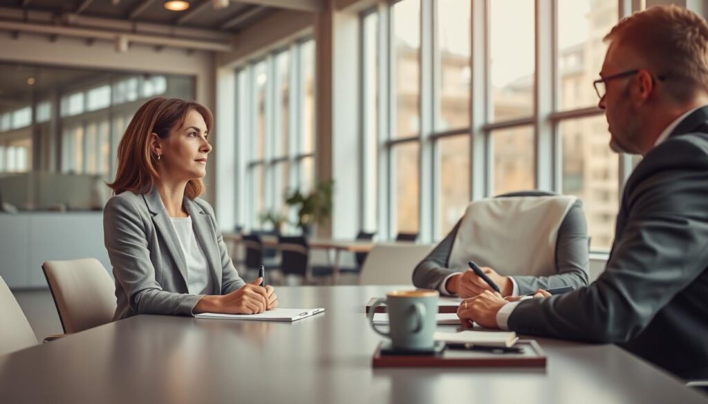 A professional setting depicting two individuals engaged in a respectful conversation. In the foreground, a woman in a smart blazer and a man in a sharp suit are seated across from each other at a modern conference table. They maintain eye contact, with expressions of attentiveness and understanding. In the middle ground, there are notepads and pens, indicating active discussion, and a cup of coffee to signify a relaxed yet professional atmosphere. The background shows a bright, airy office space with large windows allowing natural light to flood in, creating a warm ambiance. The shot is taken with a Sony A7R IV at 70mm, ensuring clear focus on the subjects and their expressions, with a polarized filter enhancing the vibrant colors. The overall mood reflects openness, professionalism, and mutual respect.