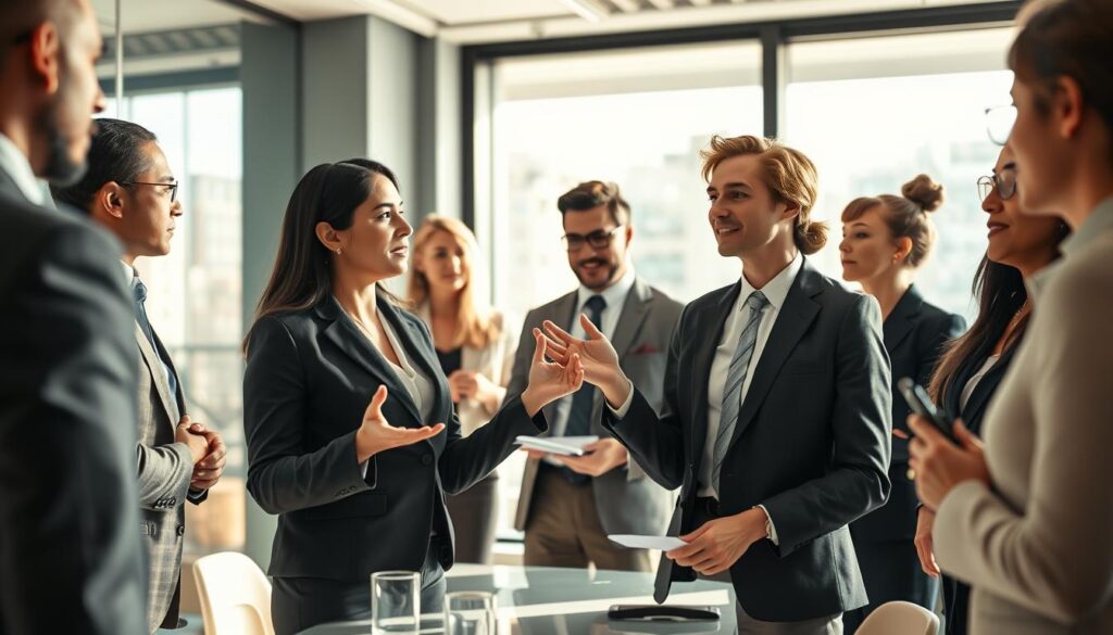 A professional setting featuring a diverse group of business professionals engaged in a dynamic discussion about skills and experiences. In the foreground, a confident woman in a tailored suit gestures actively while presenting her ideas, with a group of attentive colleagues nodding in agreement. In the middle ground, a man in business attire takes notes, demonstrating active engagement. The background features a modern conference room with a large window allowing natural light to flood in, creating an inviting atmosphere. The image should be sharply defined, shot on a Sony A7R IV at 70mm, with a polarized filter to enhance colors and reduce glare. The overall mood is one of collaboration and professionalism, emphasizing effective communication of skills and experiences. A professional setting featuring a diverse group of business professionals engaged in a dynamic discussion about skills and experiences. In the foreground, a confident woman in a tailored suit gestures actively while presenting her ideas, with a group of attentive colleagues nodding in agreement. In the middle ground, a man in business attire takes notes, demonstrating active engagement. The background features a modern conference room with a large window allowing natural light to flood in, creating an inviting atmosphere. The image should be sharply defined, shot on a Sony A7R IV at 70mm, with a polarized filter to enhance colors and reduce glare. The overall mood is one of collaboration and professionalism, emphasizing effective communication of skills and experiences.