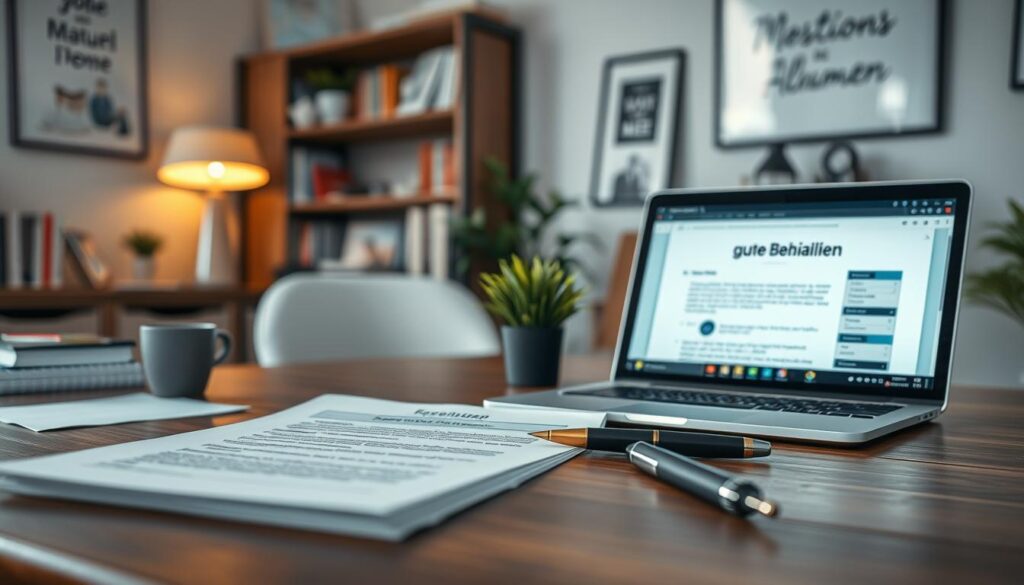 A professional setting featuring a well-organized desk with a meticulously crafted job application and a bright, welcoming atmosphere. In the foreground, a neatly arranged resume, accompanied by a clean cover letter, a stylish pen, and a small, elegant plant. The middle ground includes a laptop displaying a professional email interface, with soft light illuminating the screen, enhancing the focus on the application itself. The background shows a tastefully decorated office with motivational artwork and shelves filled with books, creating a conducive workspace. The image is shot with a Sony A7R IV at 70mm, sharply focused, with a polarized filter, capturing the professionalism and dedication of a “gute Bewerbung.” The overall mood is inspiring and professional, reflecting the essence of an effective job application.