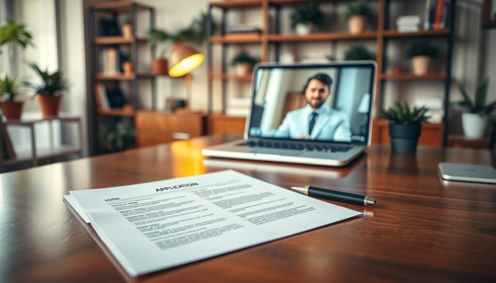 A professional setting featuring an elegant desk with a polished wooden surface. In the foreground, an open job application document with a clean layout and a sophisticated font, prominently displayed. A sleek pen rests beside the document. In the middle ground, a laptop with a vibrant illuminating screen, showcasing a video call or a digital portfolio. In the background, a softly focused office environment with shelves containing books and potted plants, creating a calm atmosphere. The lighting is warm and inviting, capturing the professionalism of the scene. Shot on a Sony A7R IV at 70mm, with a polarized filter for clarity and sharpness. The overall mood conveys competence and professionalism, ideal for a section on effective job applications, free of distracting elements or text. A professional setting featuring an elegant desk with a polished wooden surface. In the foreground, an open job application document with a clean layout and a sophisticated font, prominently displayed. A sleek pen rests beside the document. In the middle ground, a laptop with a vibrant illuminating screen, showcasing a video call or a digital portfolio. In the background, a softly focused office environment with shelves containing books and potted plants, creating a calm atmosphere. The lighting is warm and inviting, capturing the professionalism of the scene. Shot on a Sony A7R IV at 70mm, with a polarized filter for clarity and sharpness. The overall mood conveys competence and professionalism, ideal for a section on effective job applications, free of distracting elements or text.