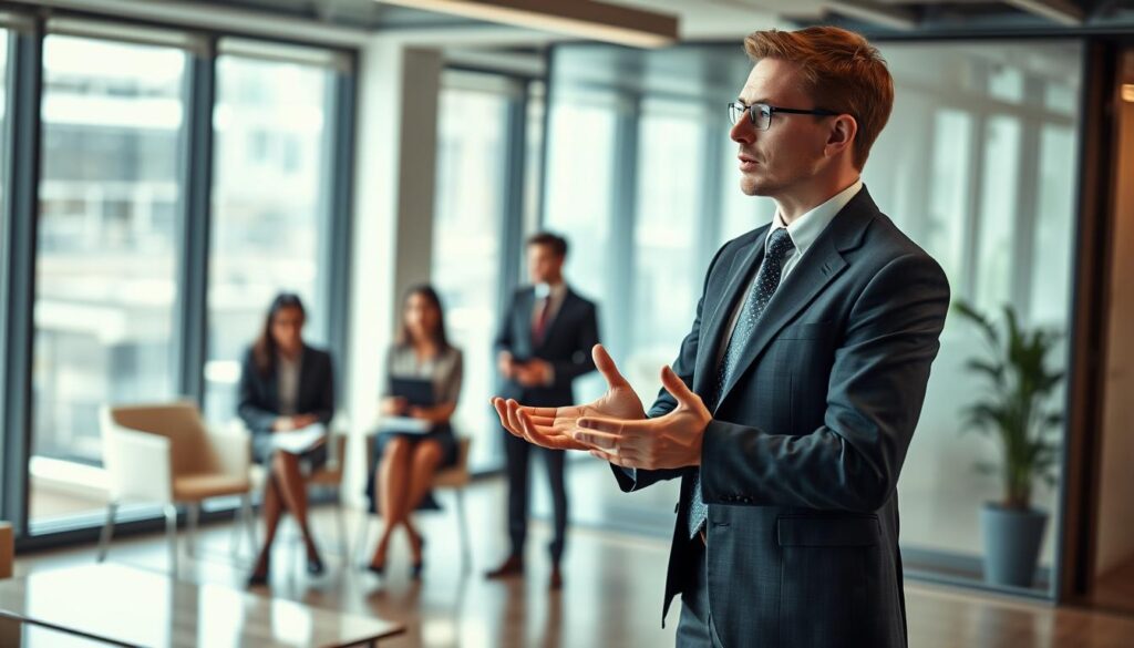 A professional setting for a job interview, featuring an individual in business attire, confidently presenting themselves. In the foreground, the candidate stands with good posture, hands gesturing expressively as they share their career achievements. In the middle ground, a panel of interviewers, dressed in formal attire, attentively listens and takes notes. The background reveals a modern, well-lit office environment, with large windows allowing natural light to filter in, casting soft shadows. The mood is focused and serious, yet supportive, conveying a sense of professionalism. The image is shot with a Sony A7R IV at 70mm, ensuring clarity and sharpness, enhanced by a polarized filter, which highlights the details of the attire and the office ambiance. A professional setting for a job interview, featuring an individual in business attire, confidently presenting themselves. In the foreground, the candidate stands with good posture, hands gesturing expressively as they share their career achievements. In the middle ground, a panel of interviewers, dressed in formal attire, attentively listens and takes notes. The background reveals a modern, well-lit office environment, with large windows allowing natural light to filter in, casting soft shadows. The mood is focused and serious, yet supportive, conveying a sense of professionalism. The image is shot with a Sony A7R IV at 70mm, ensuring clarity and sharpness, enhanced by a polarized filter, which highlights the details of the attire and the office ambiance.