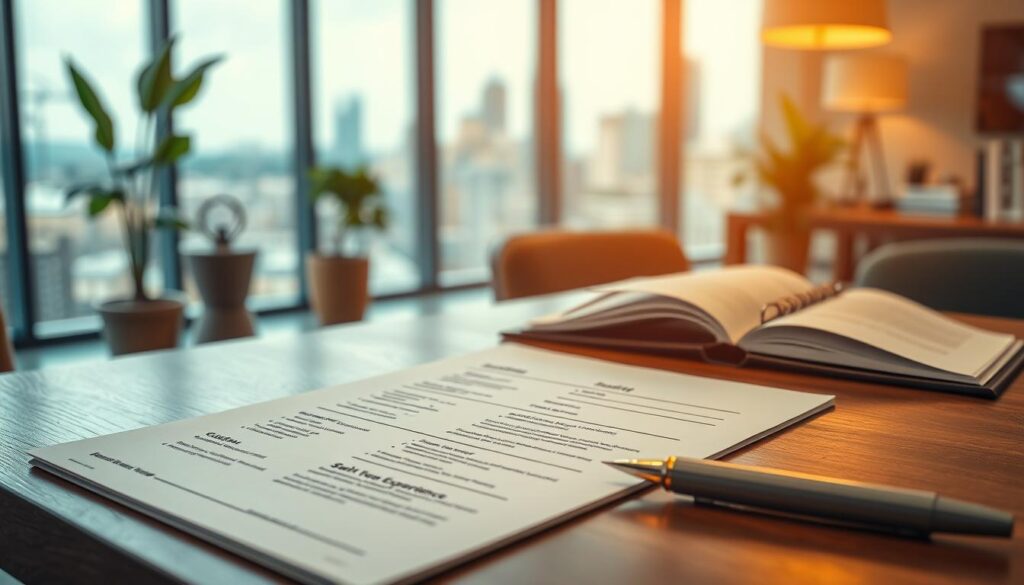 A professional setting showcasing a neatly organized resume, prominently displayed in the foreground on a stylish wooden desk. The resume features clear sections for contact information, education, work experience, and skills, all visually distinct to highlight the structure. Surrounding the resume, soft office lighting creates an inviting atmosphere, illuminating polished business accessories like a sleek pen and an open notebook. In the middle ground, a blurred view of a modern office space with plants and a city skyline through large windows adds depth. The image captures a serene and professional mood, illustrated with a Sony A7R IV at 70mm, ensuring sharp focus and clarity through a polarized filter. A professional setting showcasing a neatly organized resume, prominently displayed in the foreground on a stylish wooden desk. The resume features clear sections for contact information, education, work experience, and skills, all visually distinct to highlight the structure. Surrounding the resume, soft office lighting creates an inviting atmosphere, illuminating polished business accessories like a sleek pen and an open notebook. In the middle ground, a blurred view of a modern office space with plants and a city skyline through large windows adds depth. The image captures a serene and professional mood, illustrated with a Sony A7R IV at 70mm, ensuring sharp focus and clarity through a polarized filter.